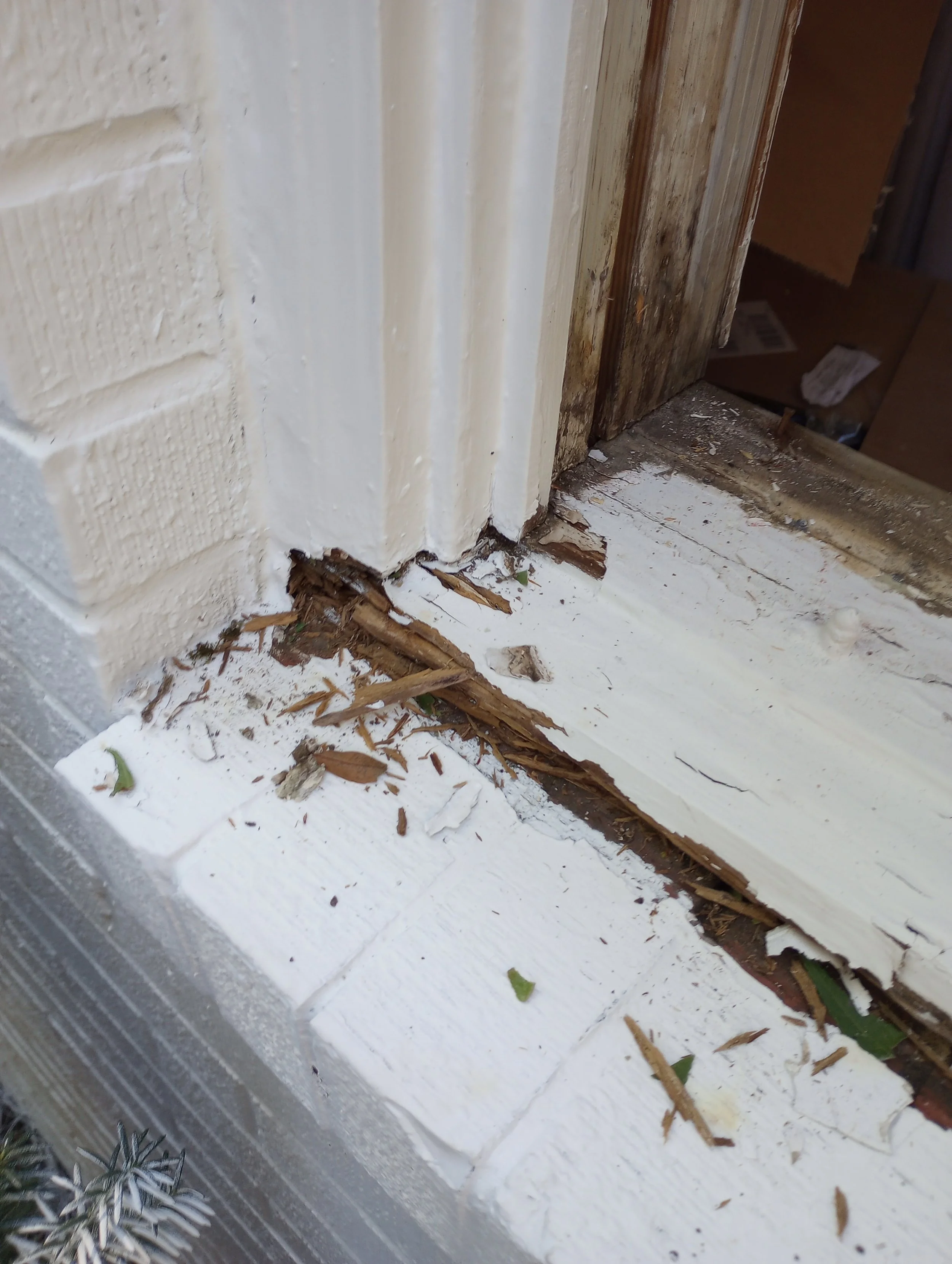 Damaged white painted wood siding and brick wall at bottom of doorframe with wood splinters and debris on the ground.