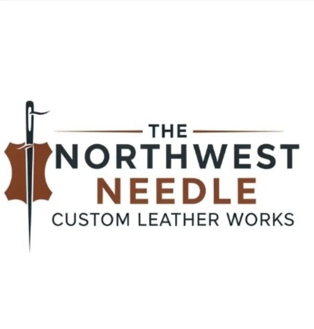 Logo for The Northwest Needle, a custom leather work business, featuring a sewing needle and thread, with the company name and tagline.