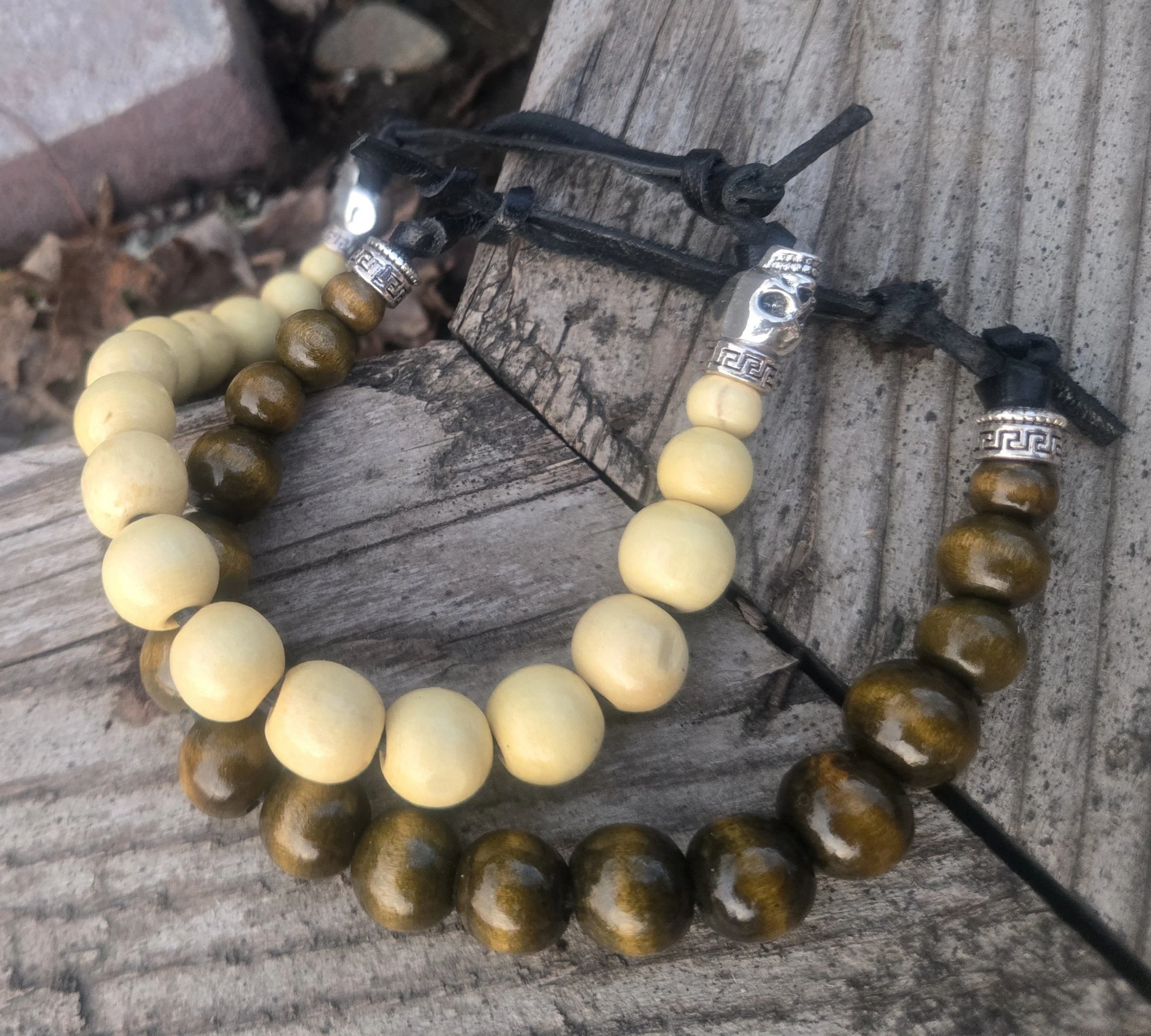 Wood Bead Bracelet w/ leather strap