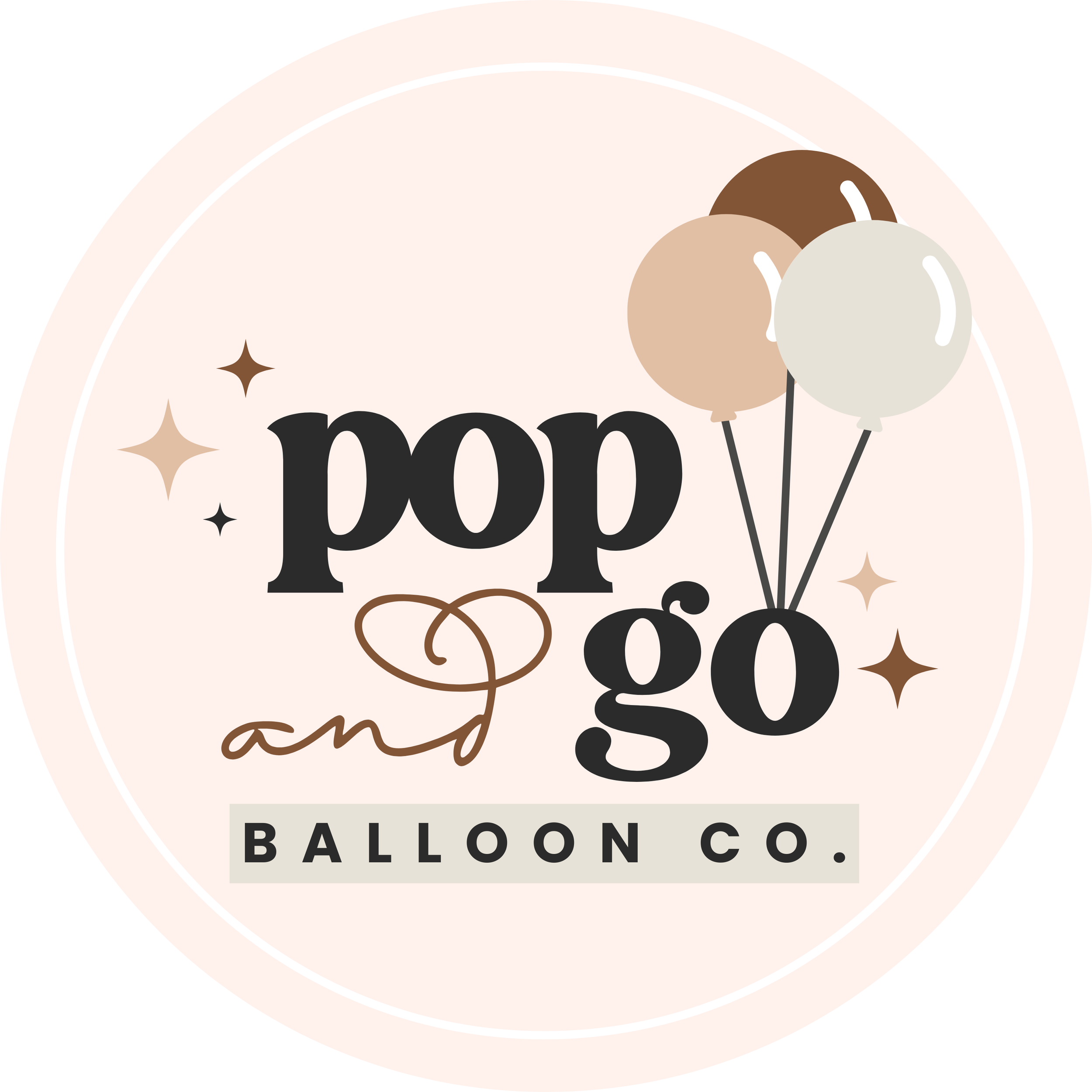 A logo for Pop and Go Balloon Co. featuring the words "pop and go" in bold black and cursive brown fonts, with three pastel-colored balloons (brown, beige, white) and small sparkling stars on a soft beige circular background.