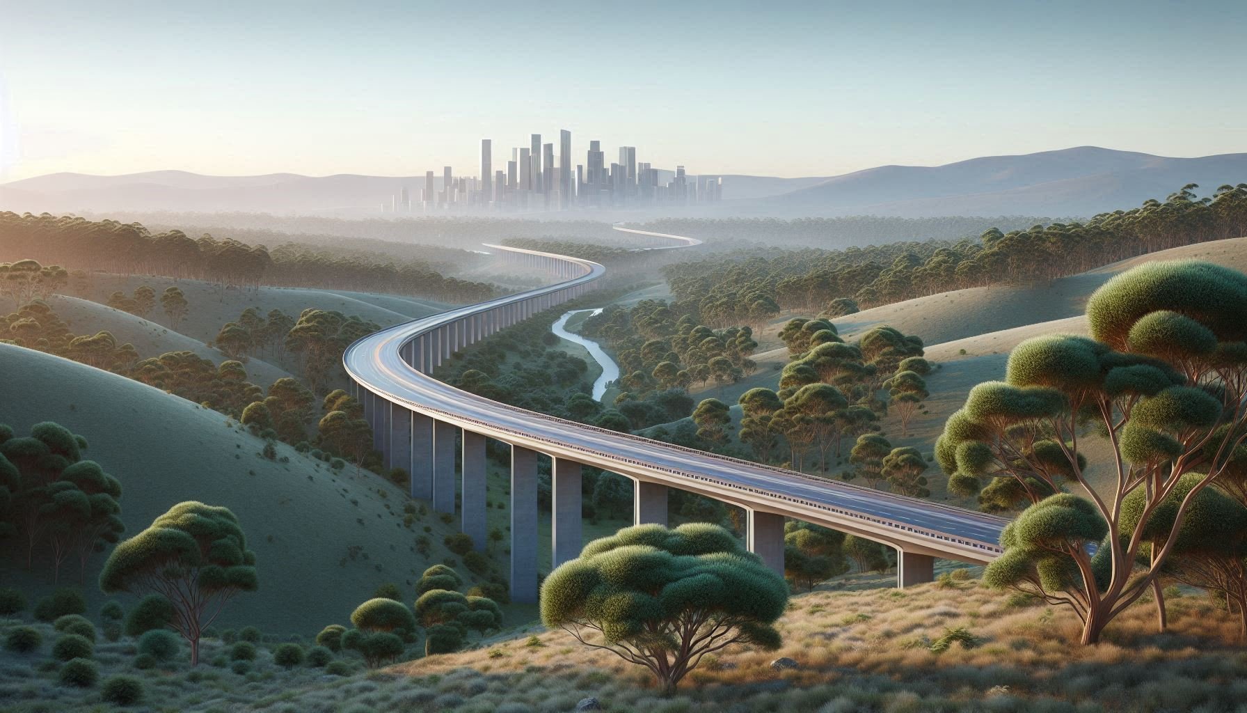 A winding elevated highway through green hills and trees, with a distant city skyline across the mountains under a clear sky.