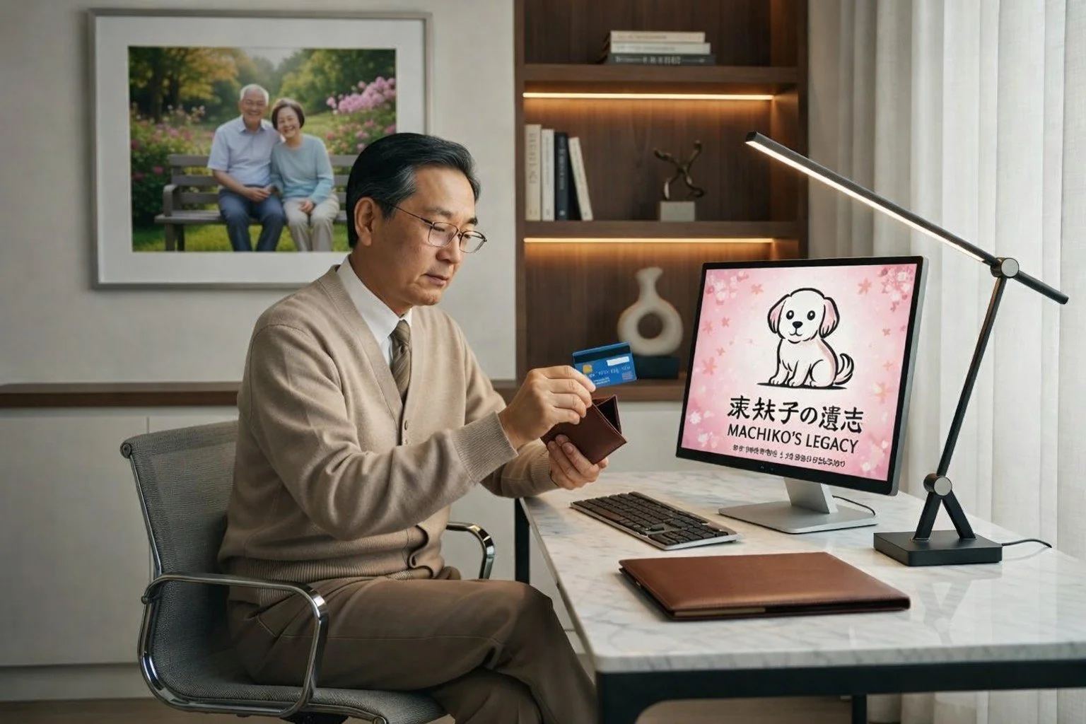A Japanese man with credit card in hand is sitting at a desk where a computer shows the logo of the charity Machiko no Ishi and he is ready to make a donation in memory of his parents.