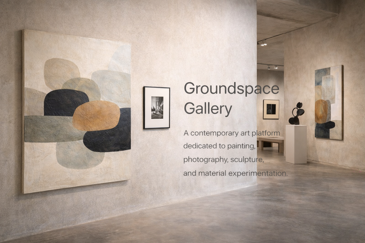 Interior of an art gallery with abstract paintings, sculptures, and a sign that reads 'Groundspace Gallery'.