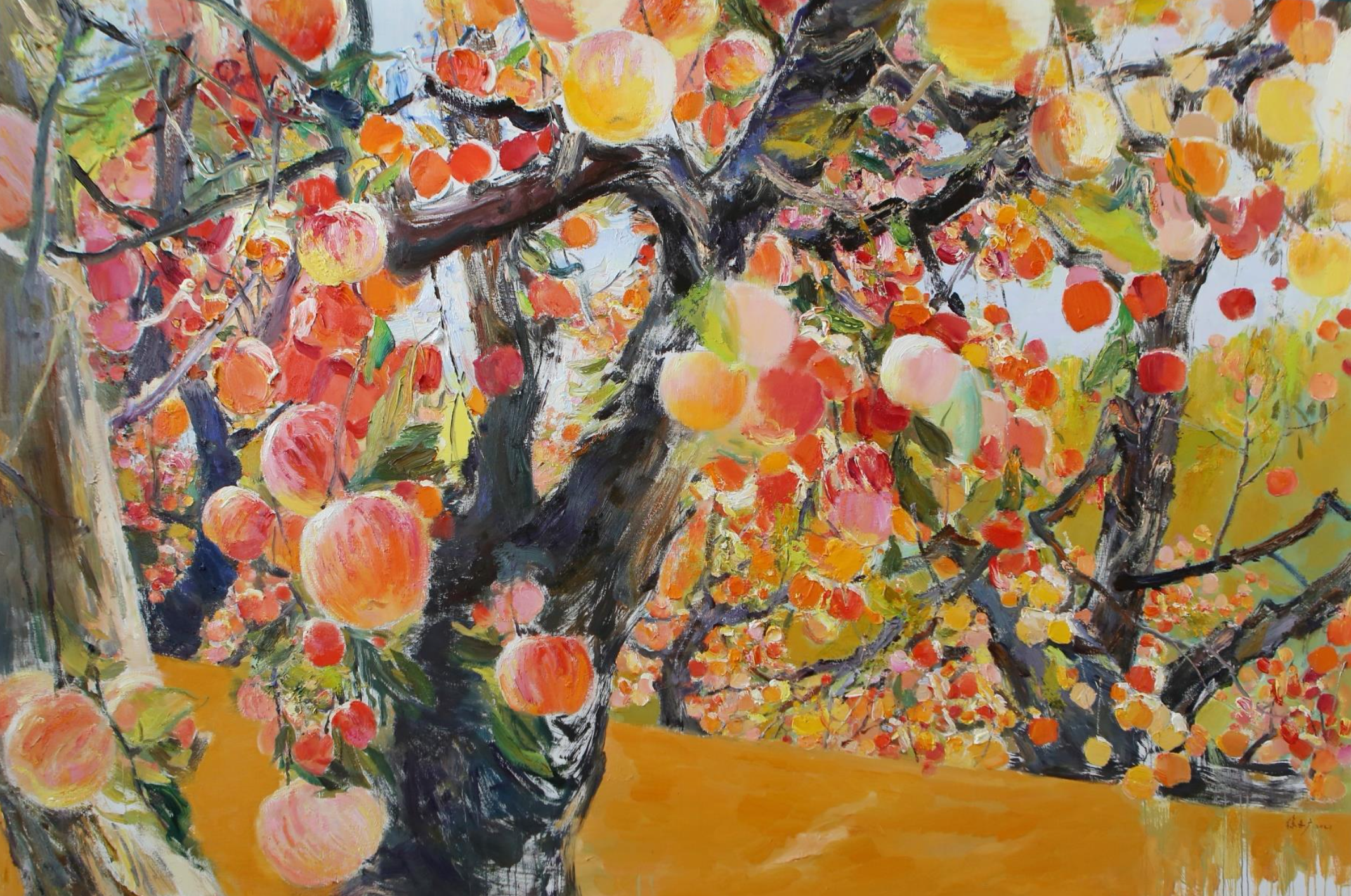 Colorful painting of a fruit tree with orange, pink, and yellow fruits and green leaves, set against a light blue sky background.