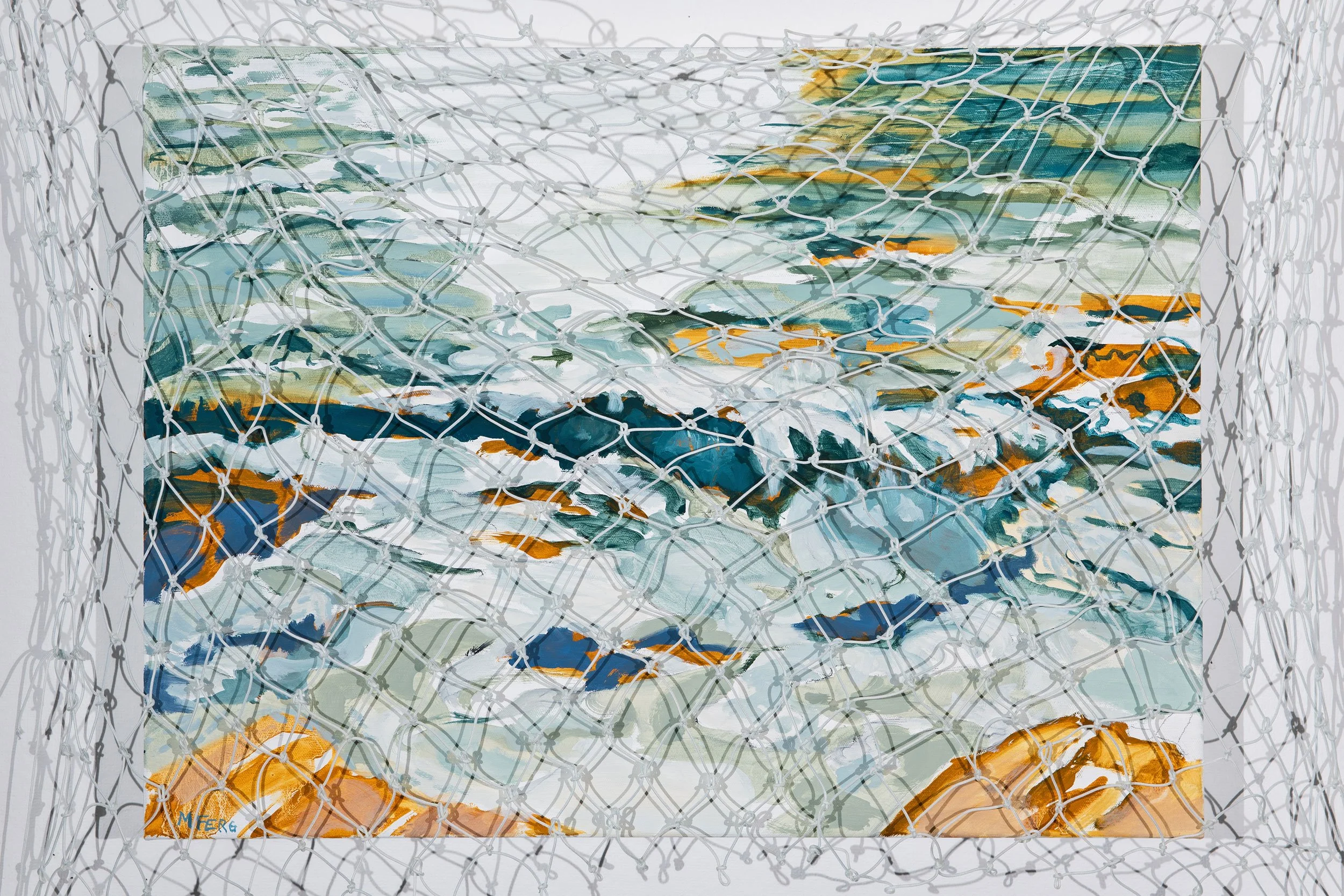 installation view, Martha Ferguson, "Currents Carry, Troubles Traverset", oil on canvas, hand tied net (18" x 24")