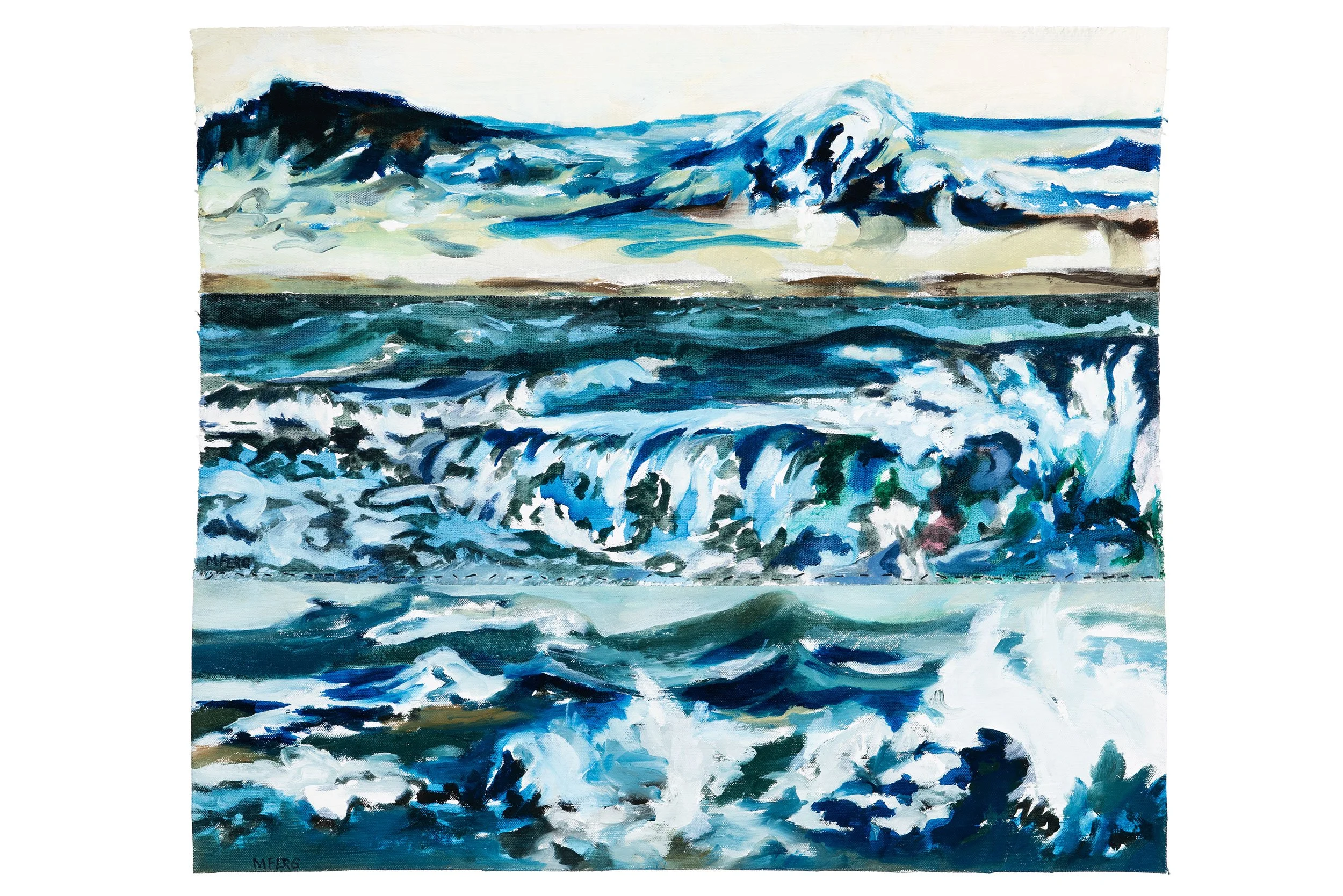 Martha Ferguson, 
"Three Days At Sea" oil paint on strips of unstretched canvas, hand stitched with cord  (18" x 21")