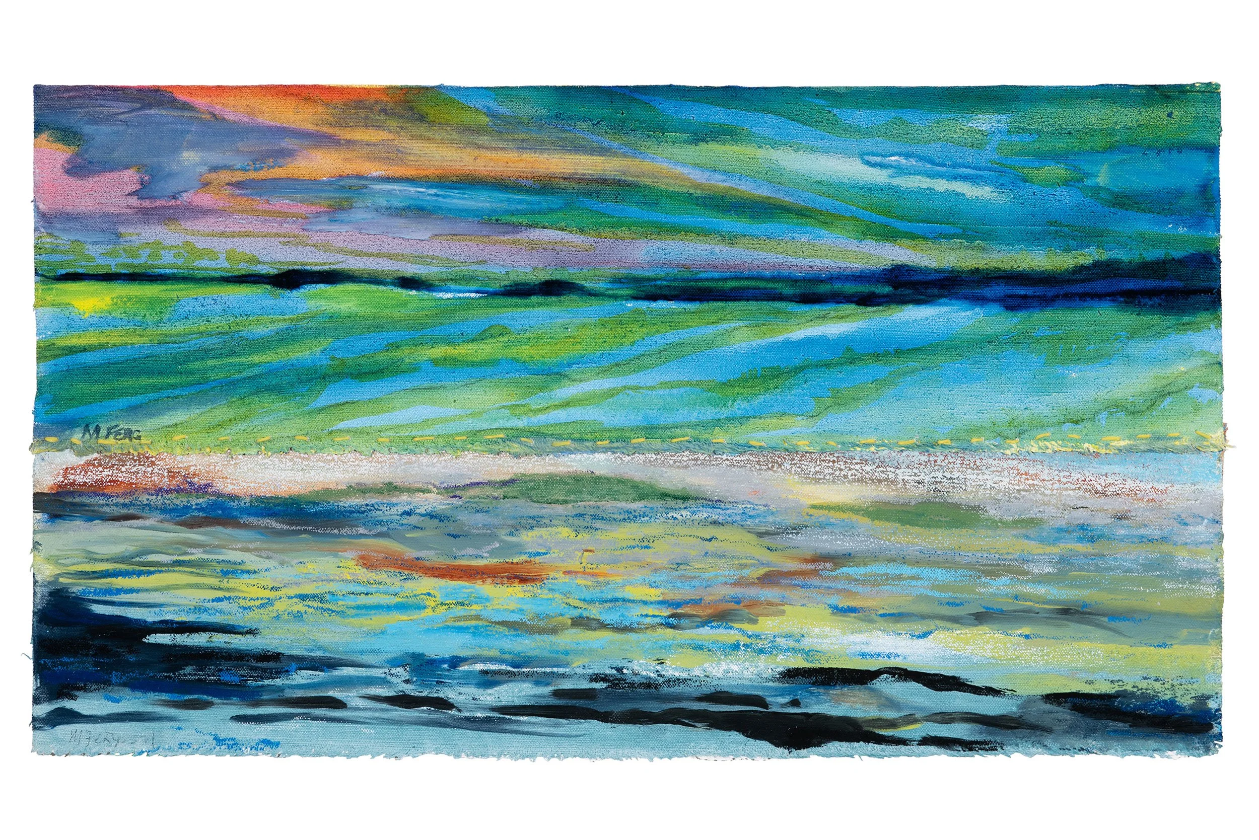 Martha Ferguson, 
"Dueling Horizons" oil paint on unstretched canvas, hand stitched with cord  (12" x 21")