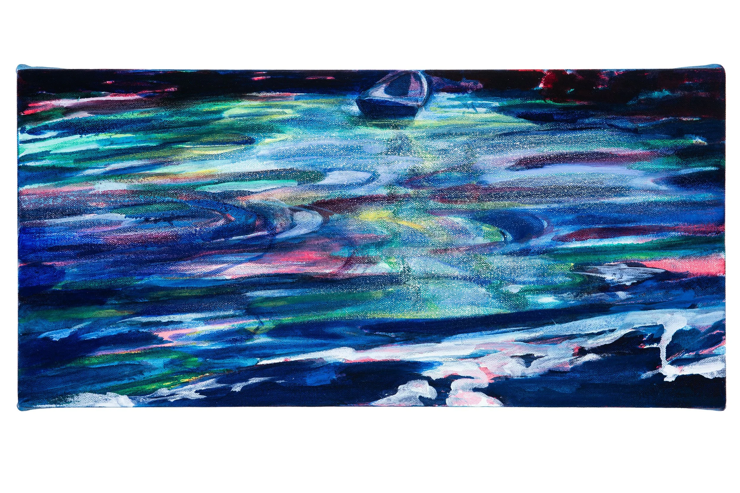 Martha Ferguson, 
"Floating Above the Fray" oil on canvas, (9" x 19")