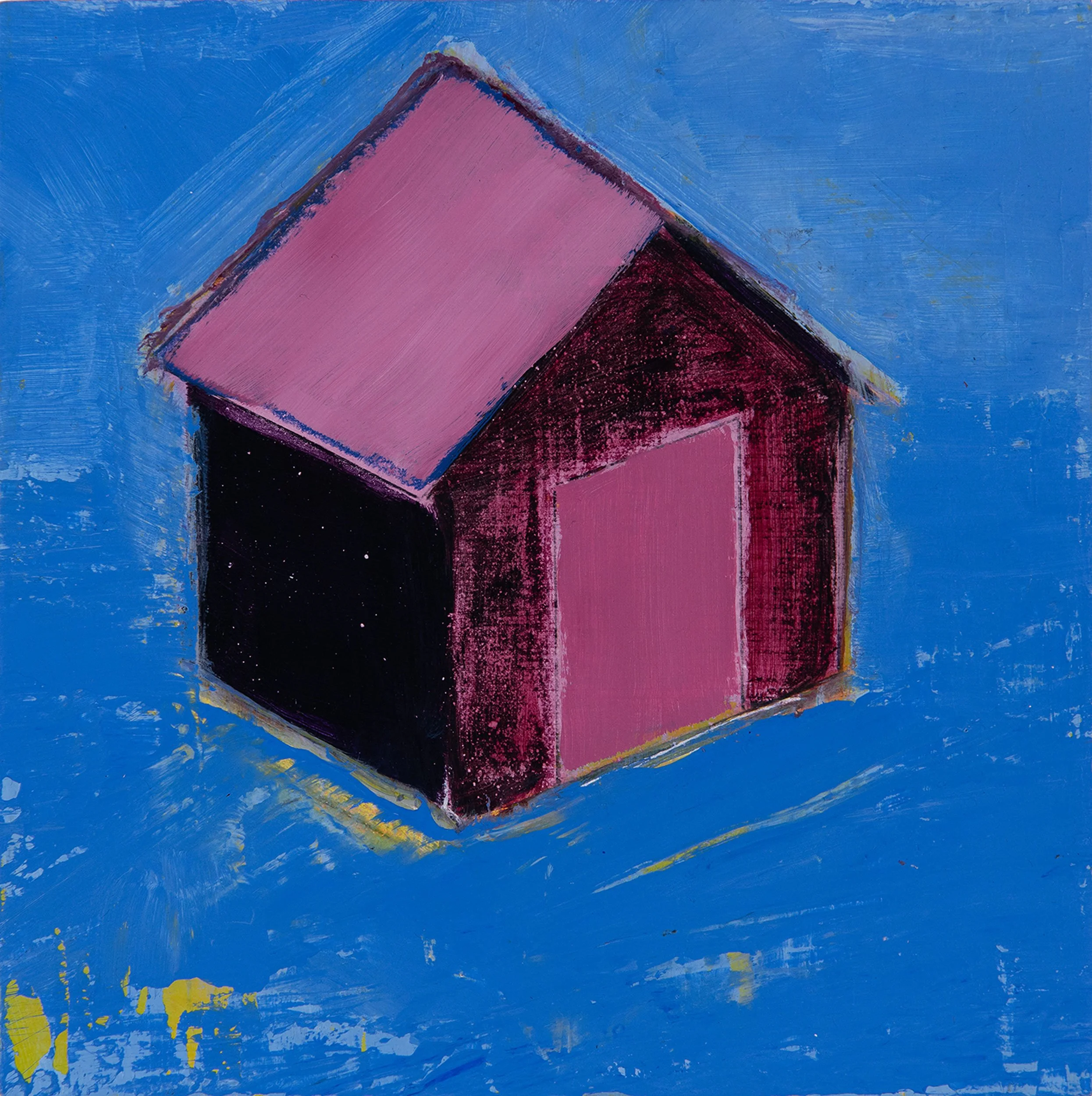 Martha Ferguson, "Pink House On Blue Field I", acrylic on panel, (6" x 6")