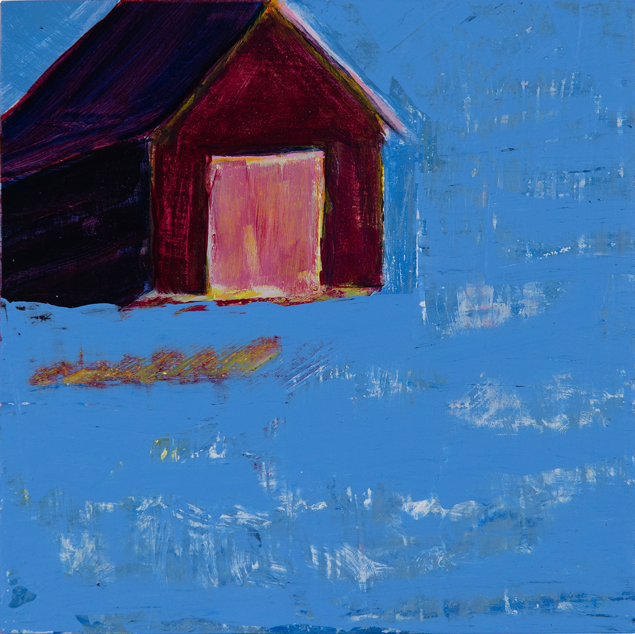 Martha Ferguson, "Pink House On Blue Field II", acrylic on panel, (6" x 6")