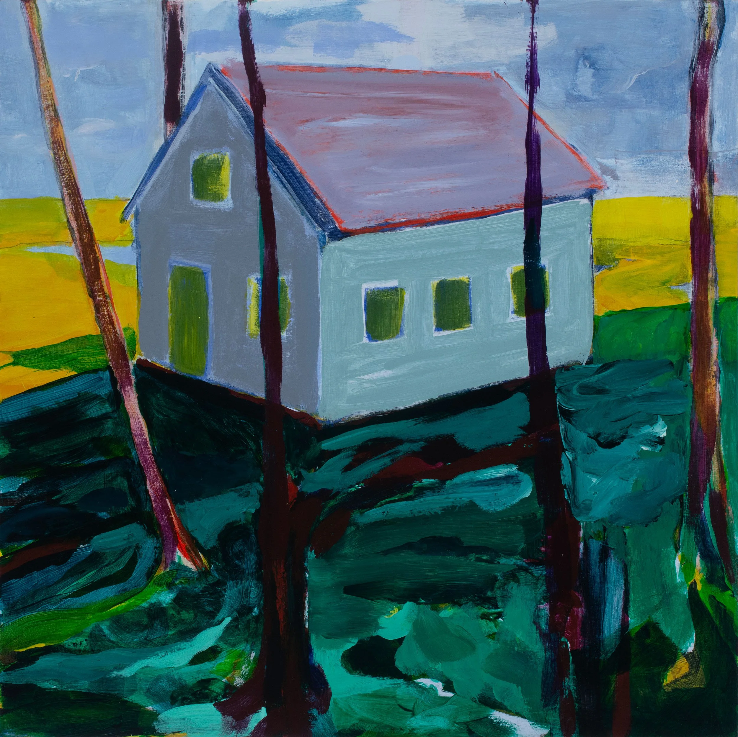 Martha Ferguson, "House Caught (Hold ME)", acrylic on wood panel (16" x 16")