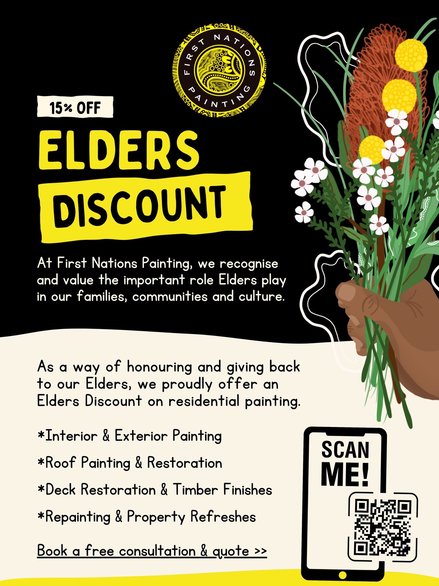 As a way of honouring and giving back, we&rsquo;re proud to offer a 15% Elders Discount on our Residential Painting services.

Whether it&rsquo;s a small refresh, a full repaint, roof restoration or deck restoration, we&rsquo;re here to help create s