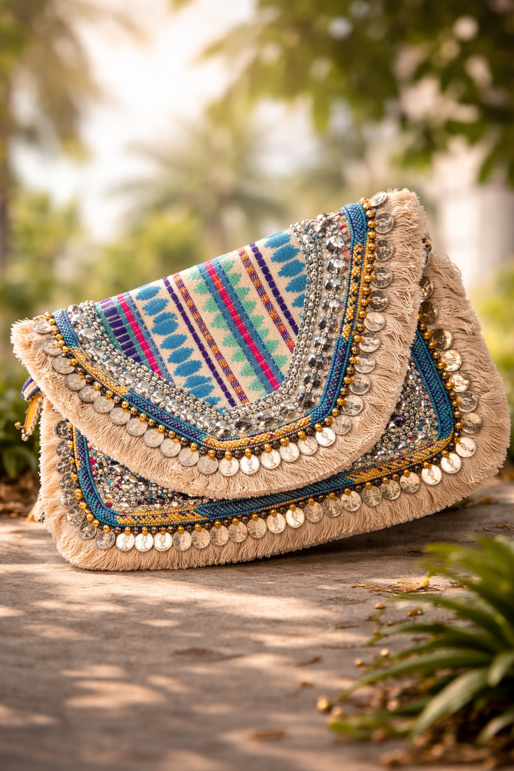 Colorful embroidered and beaded handbag with metallic coin accents resting on a wooden surface outdoors.