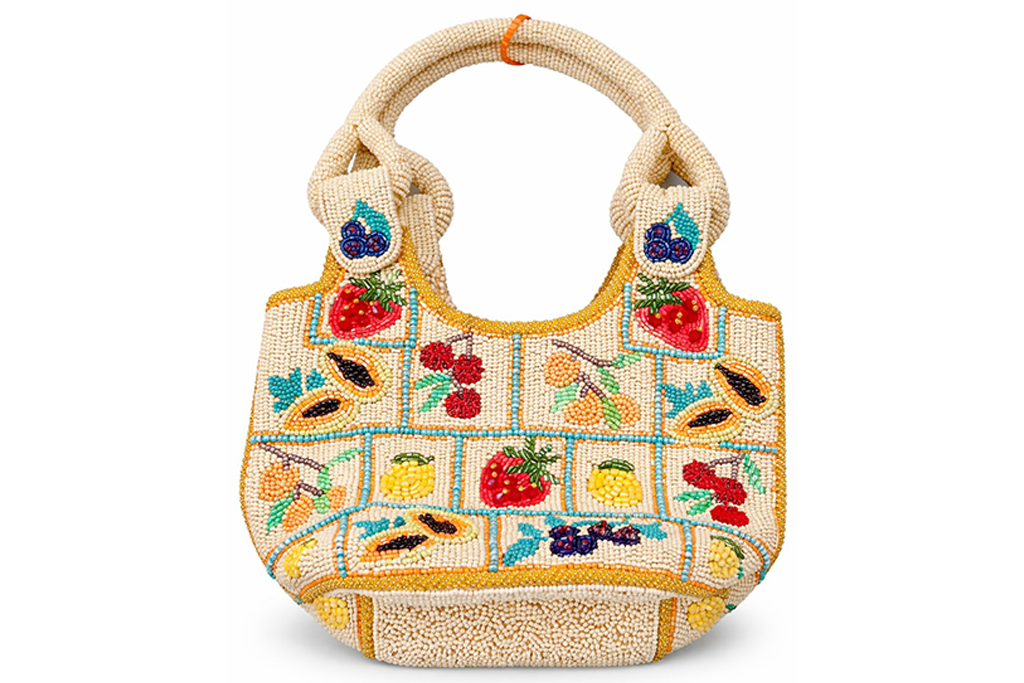 Beaded purse yellow with cherries, strawberry design