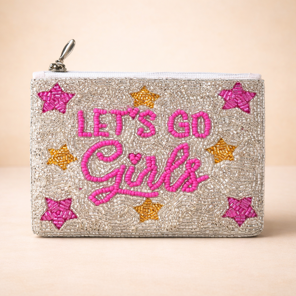 Embroidered clutch bag with the phrase 'Let's go girl' in pink beads, decorated with pink and orange stars.