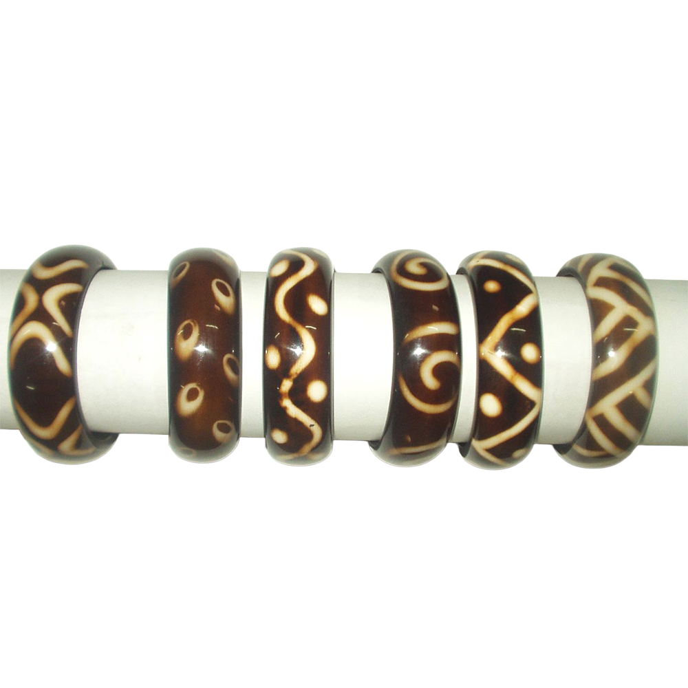 Six brown and black tribal patterned rings on a white rod.