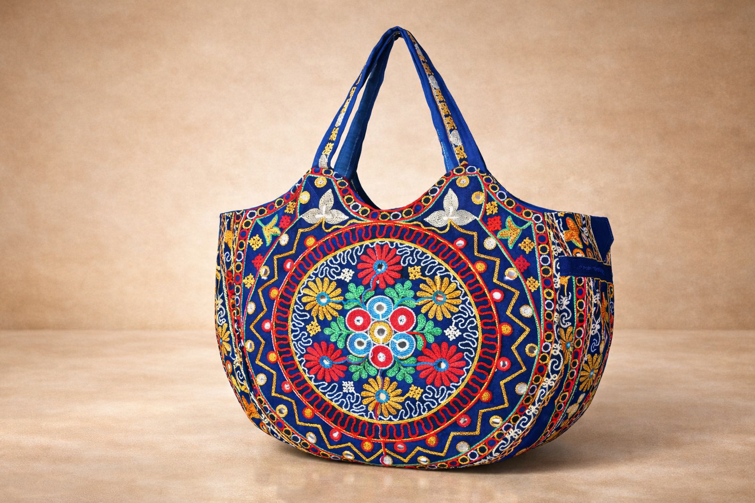 A colorful embroidered fabric tote bag with floral patterns in red, yellow, green, blue, and white on a beige background.