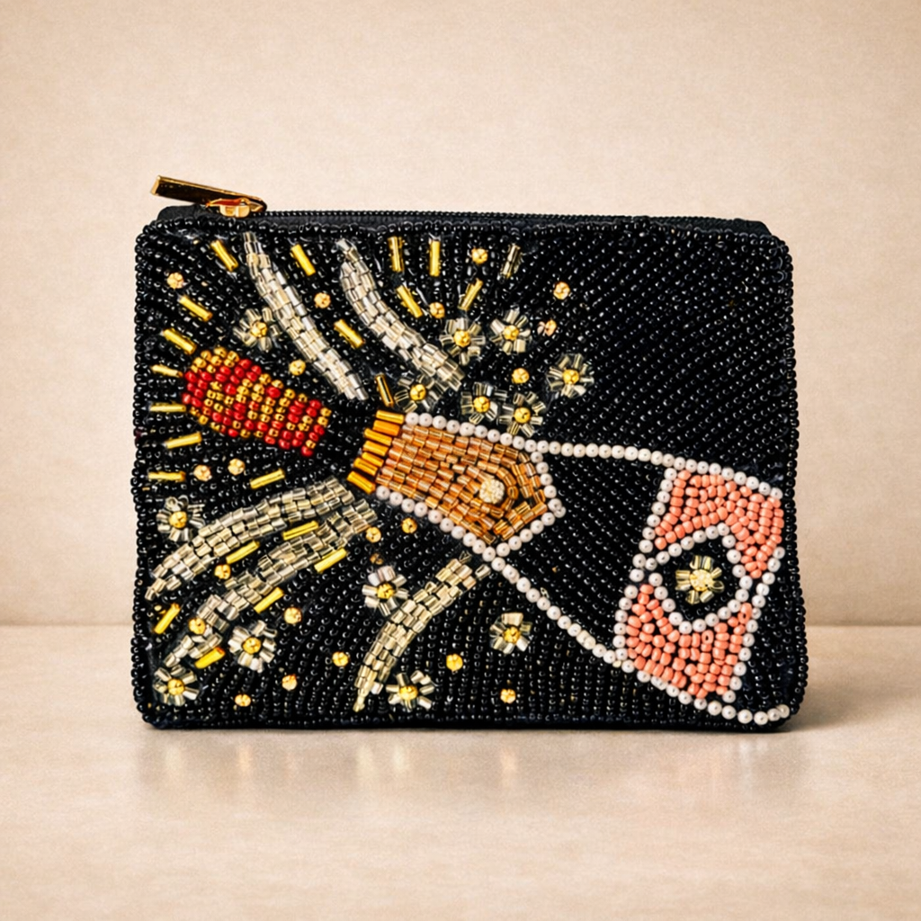 Beaded clutch purse with a design of a hand holding a lit cigarette, with sparks and smoke, created with black, gold, silver, red, peach, and white beads.