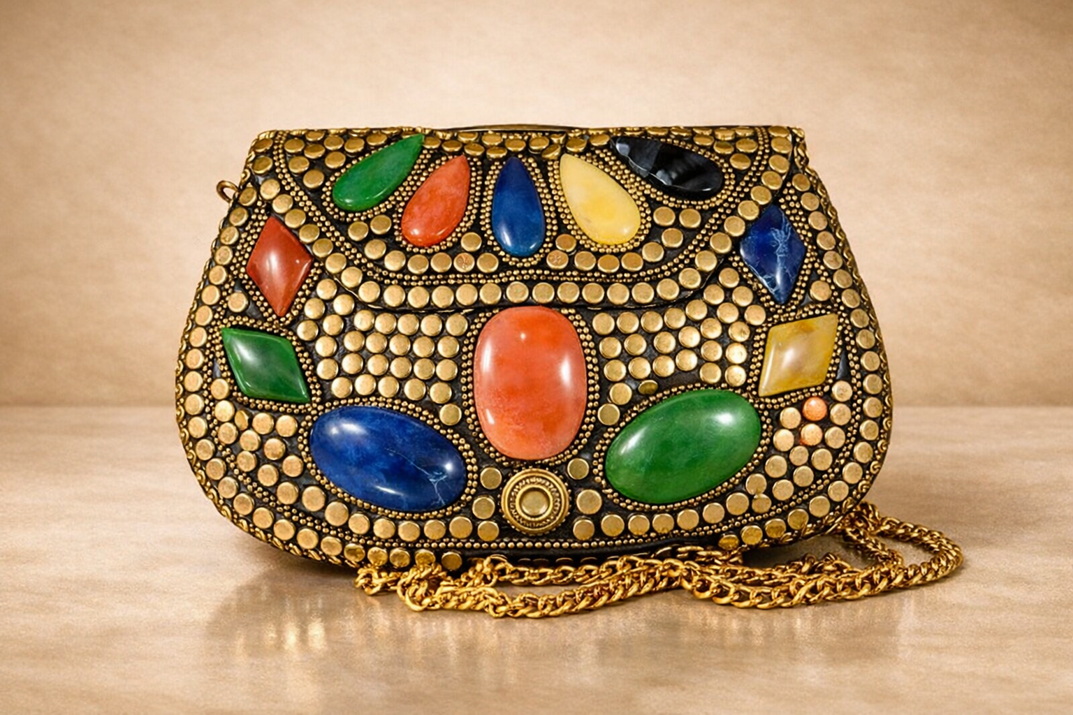 Decorative clutch purse with colorful gemstones and gold accents, resting on a wooden surface.