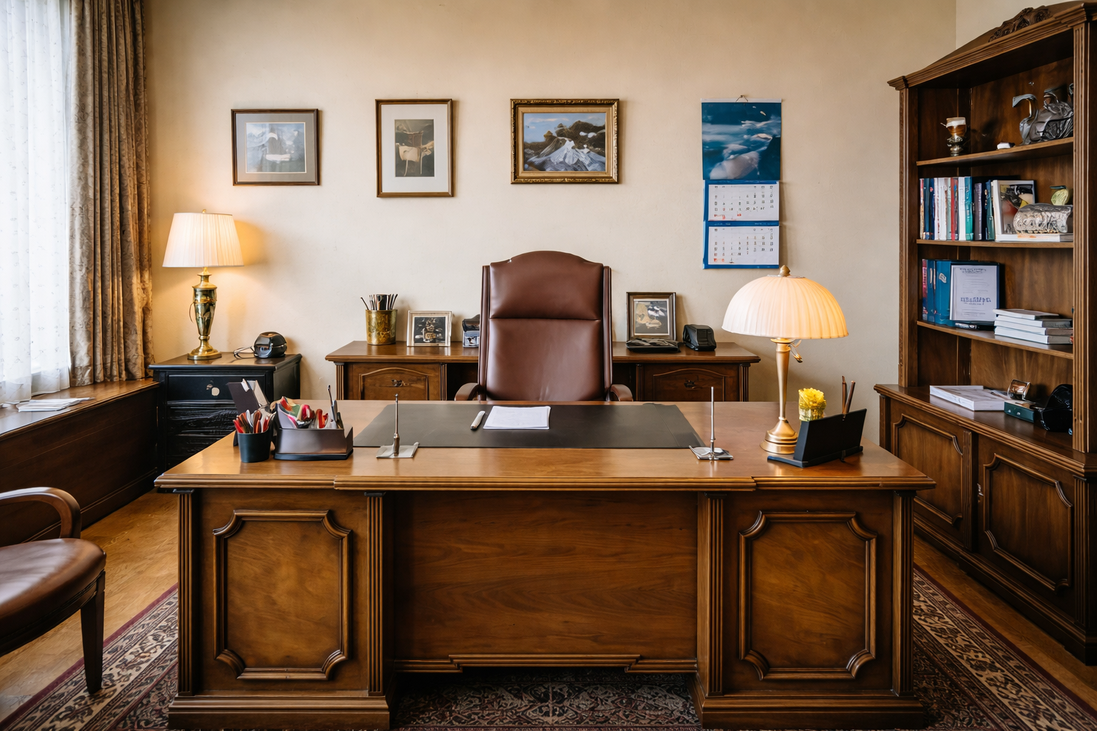 An office with a large wooden desk, leather chair, and shelves filled with books and decorative items. There are lamps, framed pictures, and a calendar on the wall.