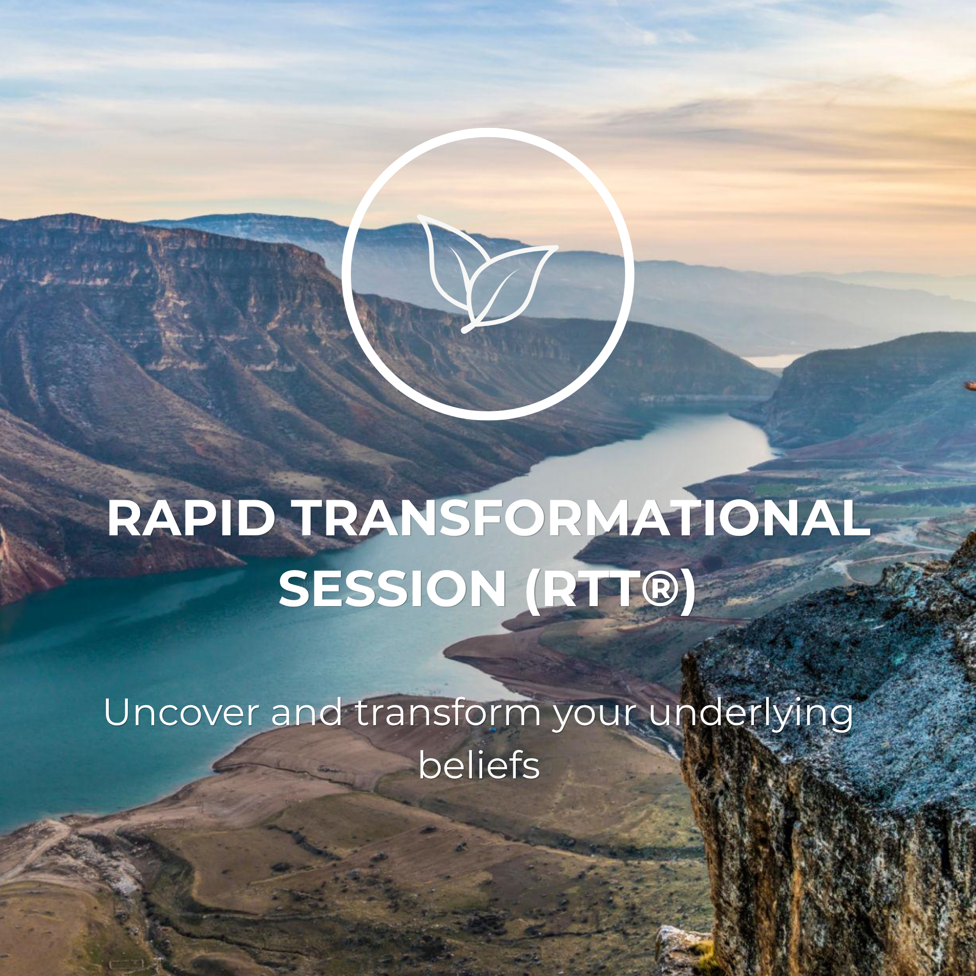 Scenic view of a river winding through mountains with a partly cloudy sky at sunset, overlaid with text about rapid transformational session.