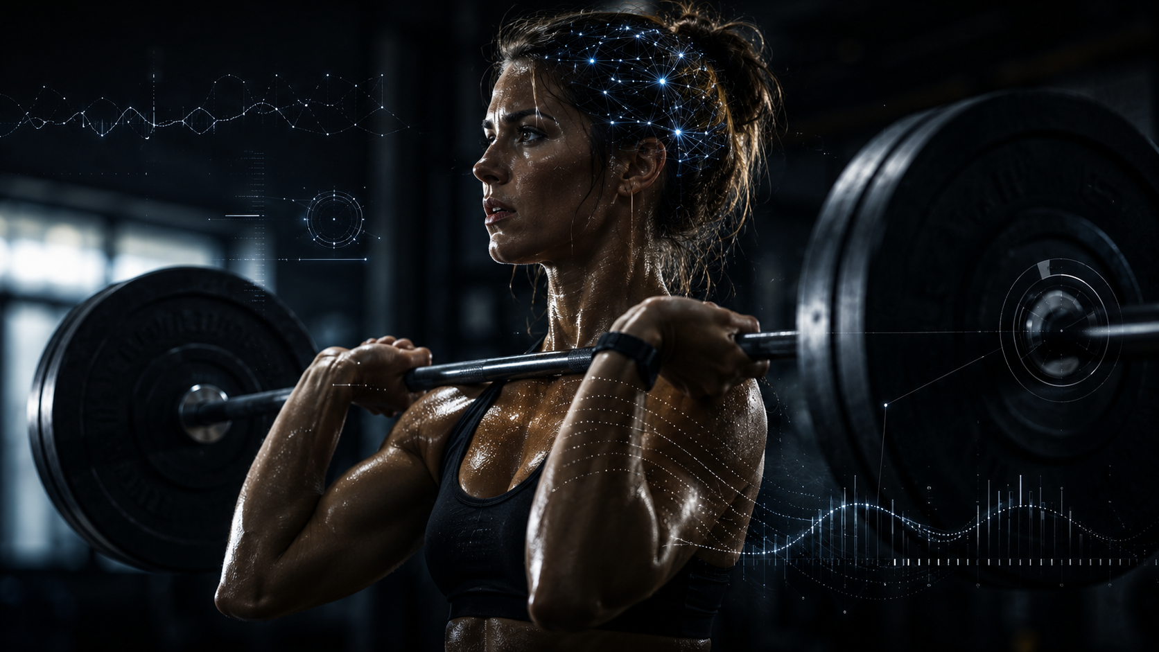 A fit woman lifting a barbell with weights in a gym, with digital graphical overlays of data and analytics around her.