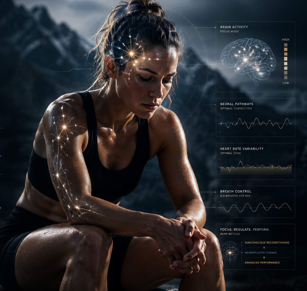 A woman in athletic wear sitting with her head bowed outdoors, digital graphics overlay showing brain activity, neural pathways, heart rate variability, breath control, and focus improvement data.