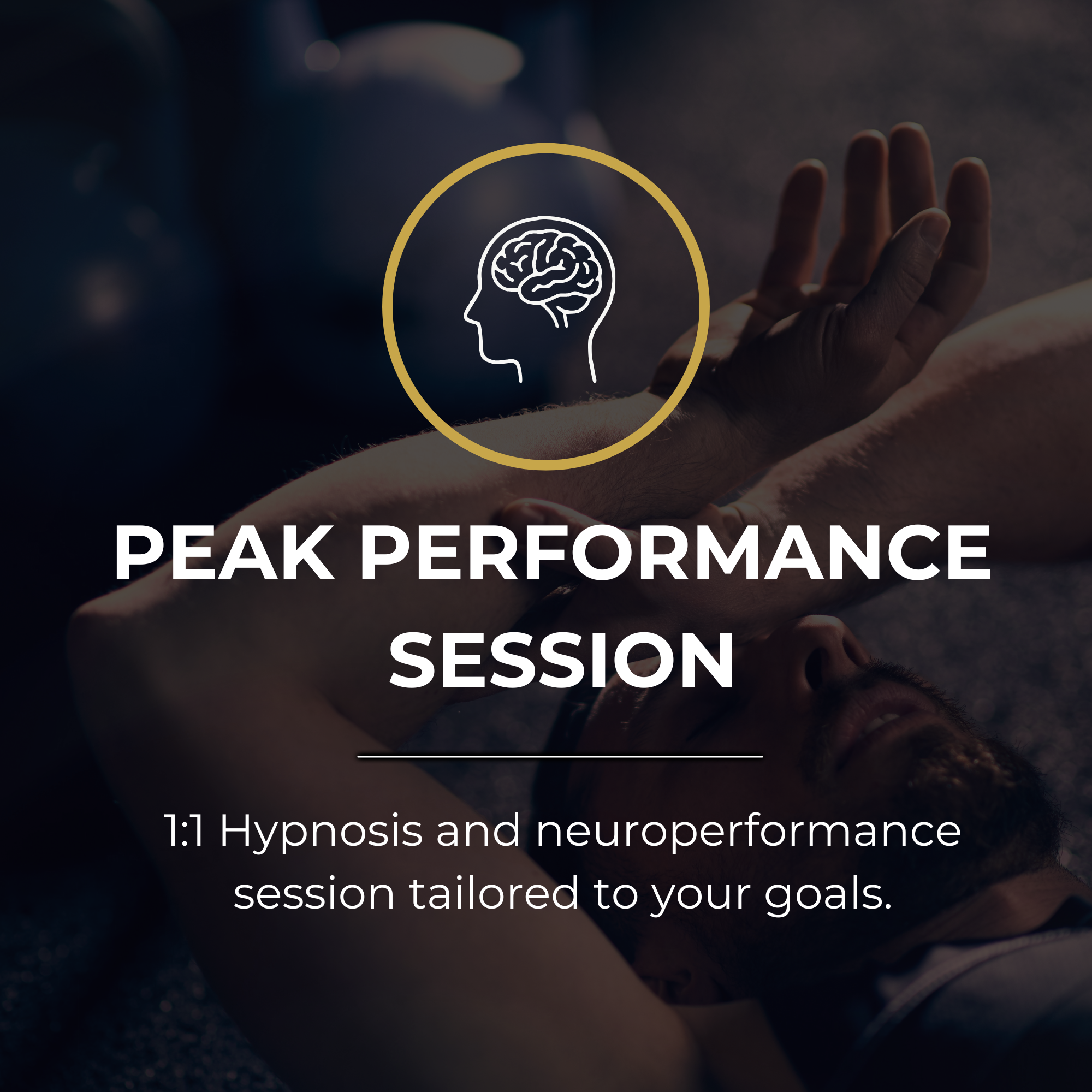 Close-up of a hand with a focus on the fingers, with a digital overlay of a human brain inside a head outline, symbolizing mental performance or cognitive focus, and text promoting a peak performance session tailored to goals.