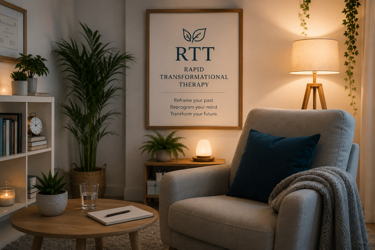 Living room with a framed sign that reads 'RTT Rapid Transformational Therapy' and its tagline, a cozy armchair with a dark blue pillow and a throw blanket, a small round wooden side table with a potted plant, a glass of water, and a notebook and pen, a white bookshelf with books, plants, a clock, candles, and candles on the shelves, a tall floor lamp with a wooden stand, and indoor plants adding greenery.
