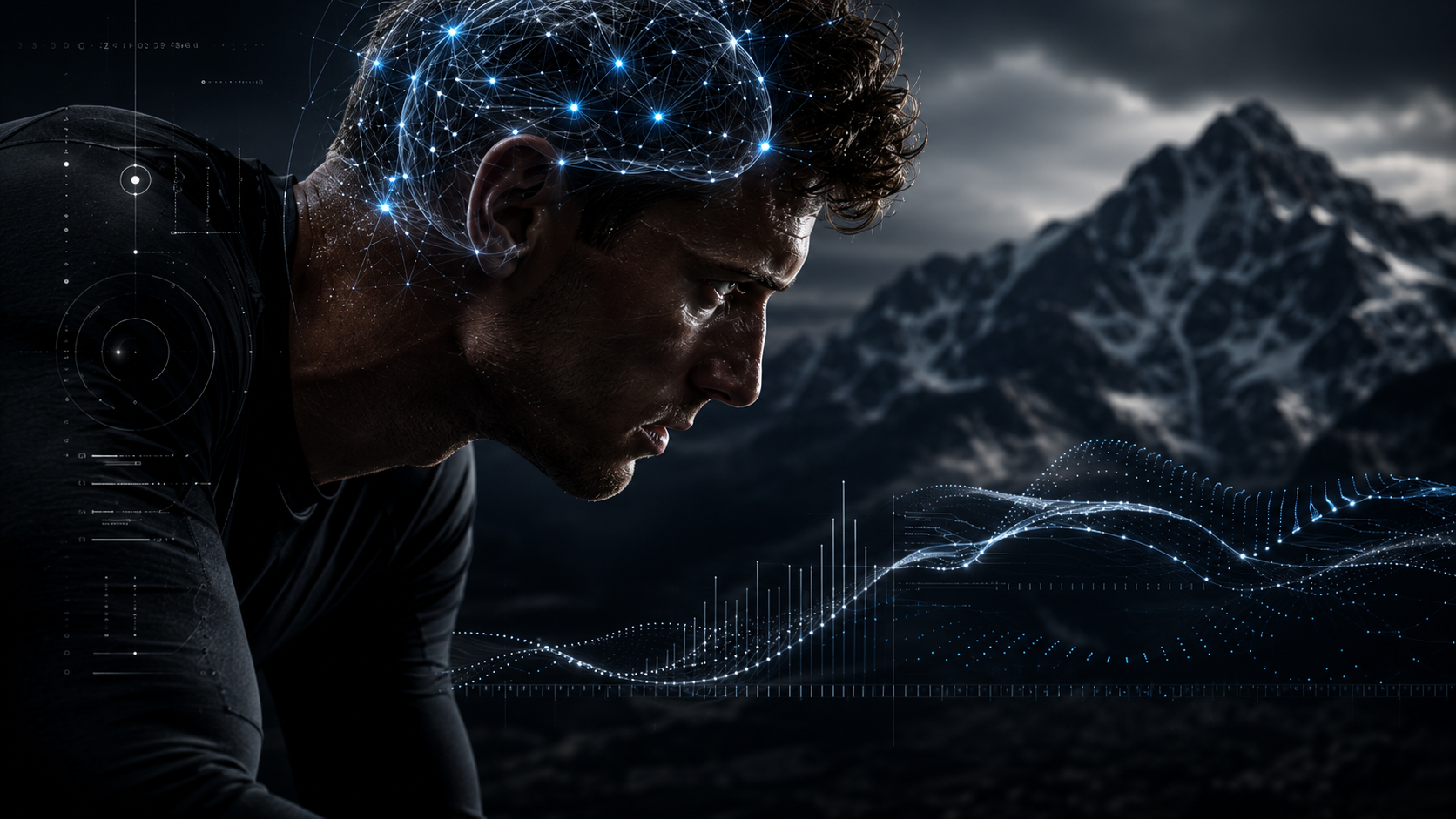 A man in athletic clothing leans forward with a focused expression amidst a mountainous landscape under dark clouds, with digital graphics of a brain, data, and waveforms overlaying the image, suggesting themes of brain activity, technology, and nature.