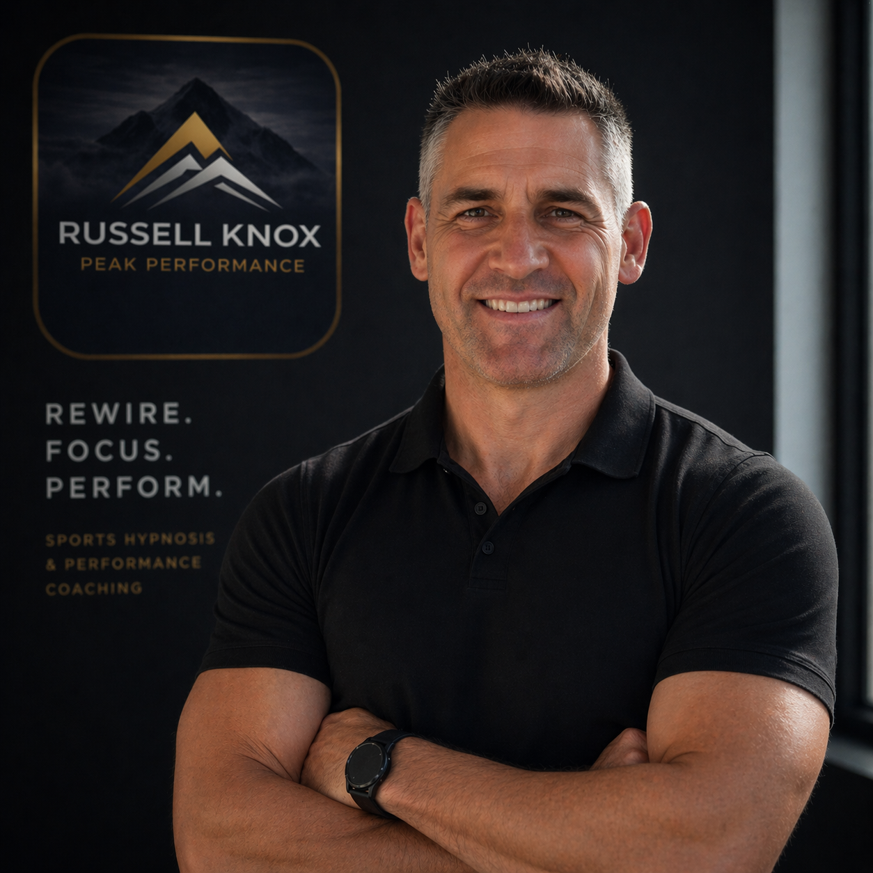 Man with short gray hair smiling, wearing a black polo shirt and a black watch, standing in front of a wall with a logo that reads 'Russell Knox Peak Performance' and the phrases 'Rewire. Focus. Perform.' and 'Sports Hypnosis & Performance Coaching.'