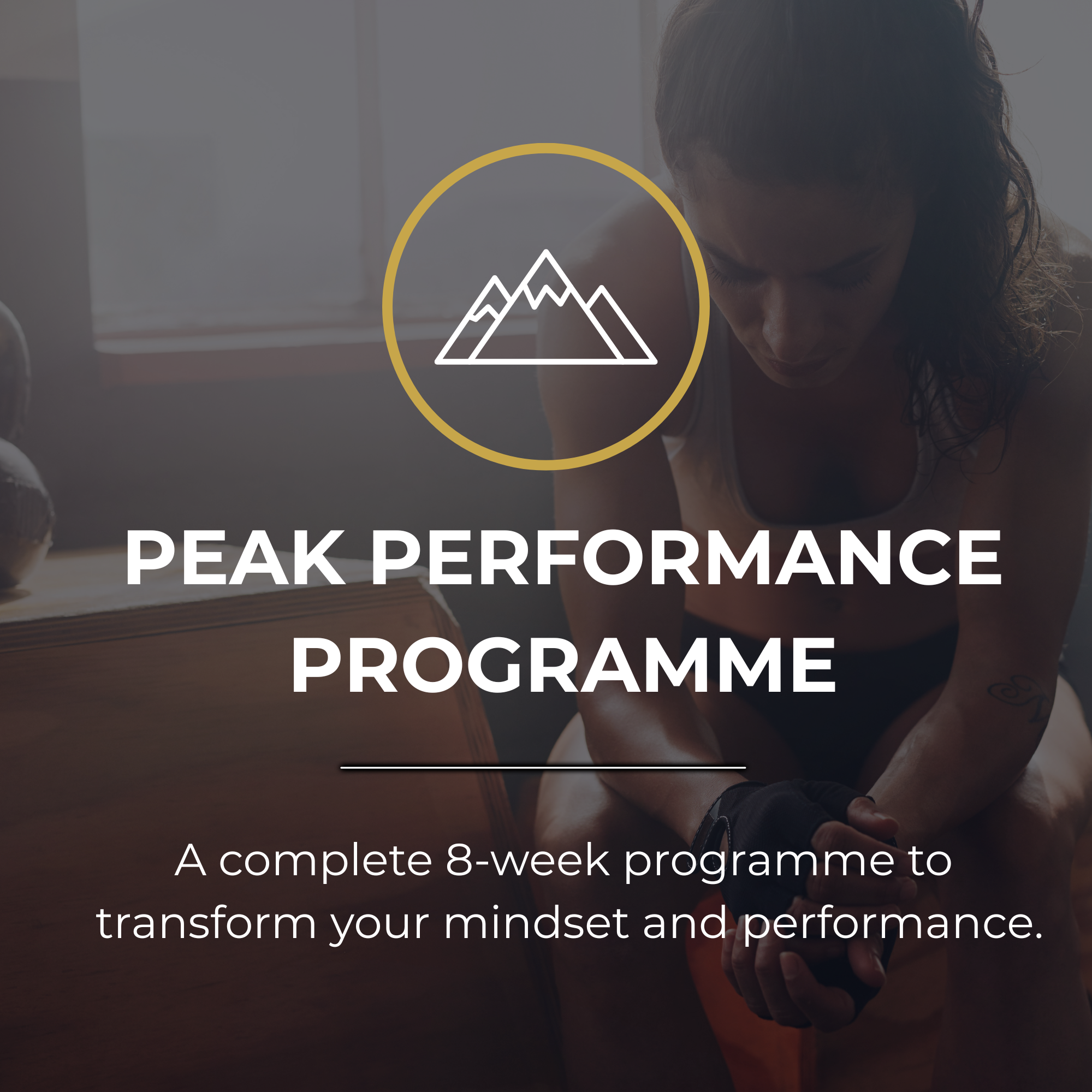 A woman with curly hair in a workout pose during an exercise class, with an overlay of a mountain graphic and text about a peak performance program.