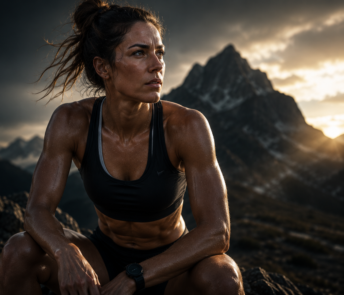 A woman in athletic gear resting outdoors during sunset, with a mountain landscape in the background.