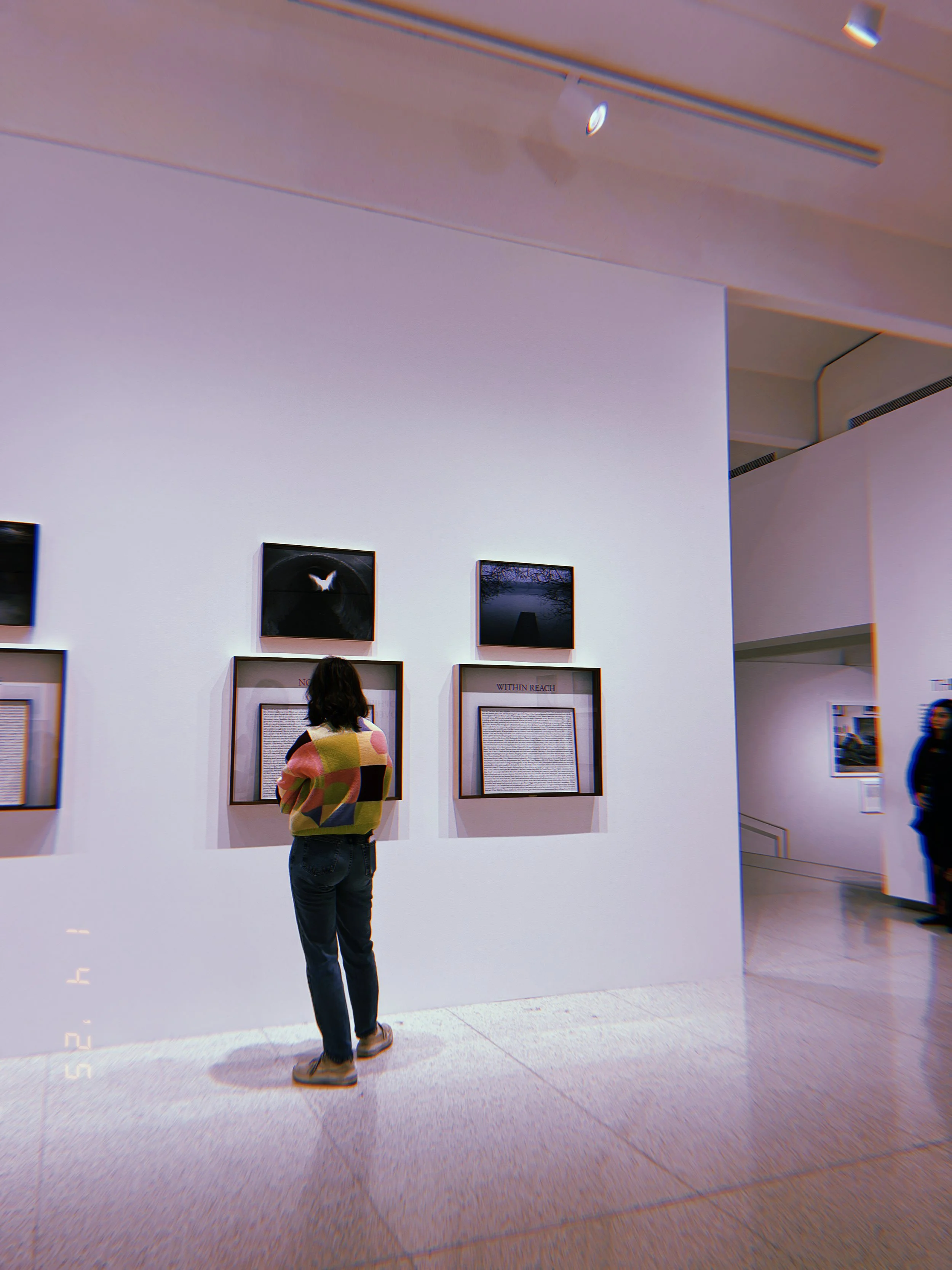 Person viewing artwork and text display in an art gallery with white walls.