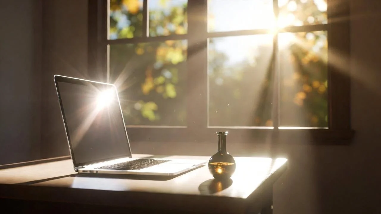 A laptop and a small vase on a wooden desk by a window with sunlight streaming in.