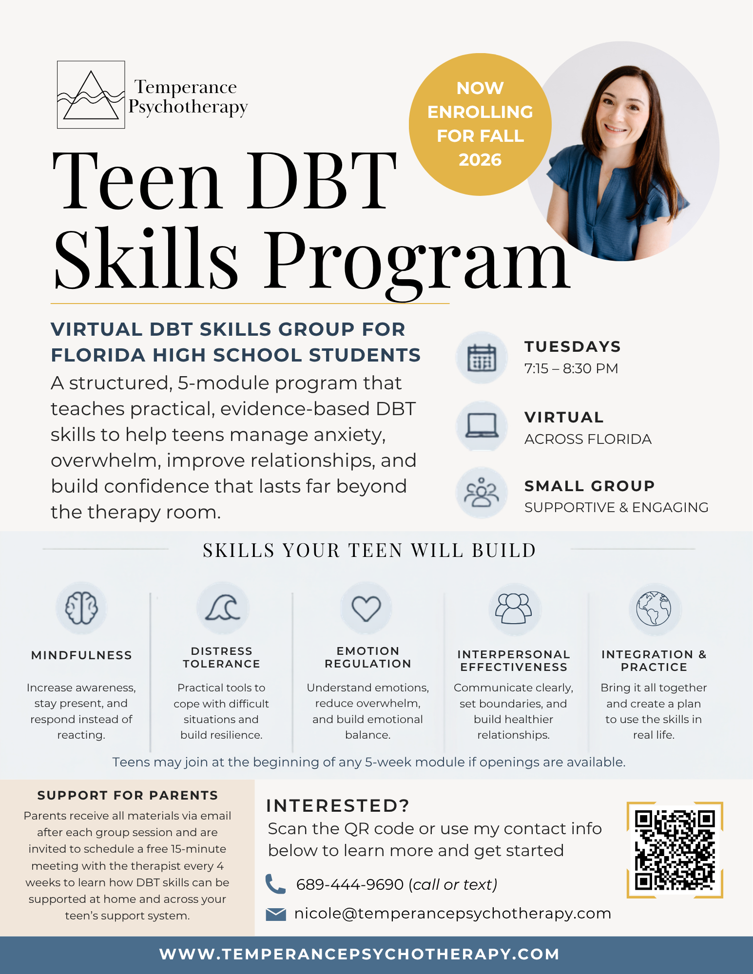 A promotional flyer for a teen DBT skills program offered by Temperance Psychotherapy. It includes program details, a photo of a smiling young woman, and contact information, with a QR code for inquiries.