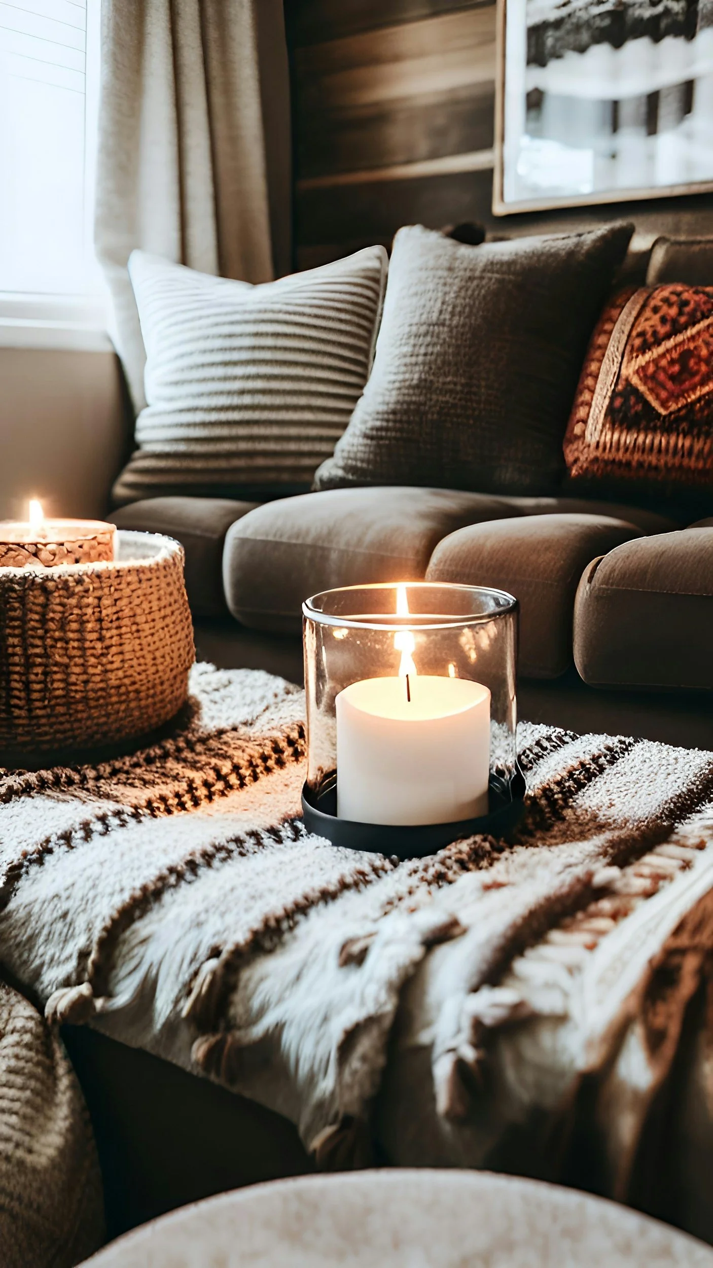 Close-up of a cozy living room corner featuring candles, pillows, a textured blanket, and a wooden cabinet with a mirror.