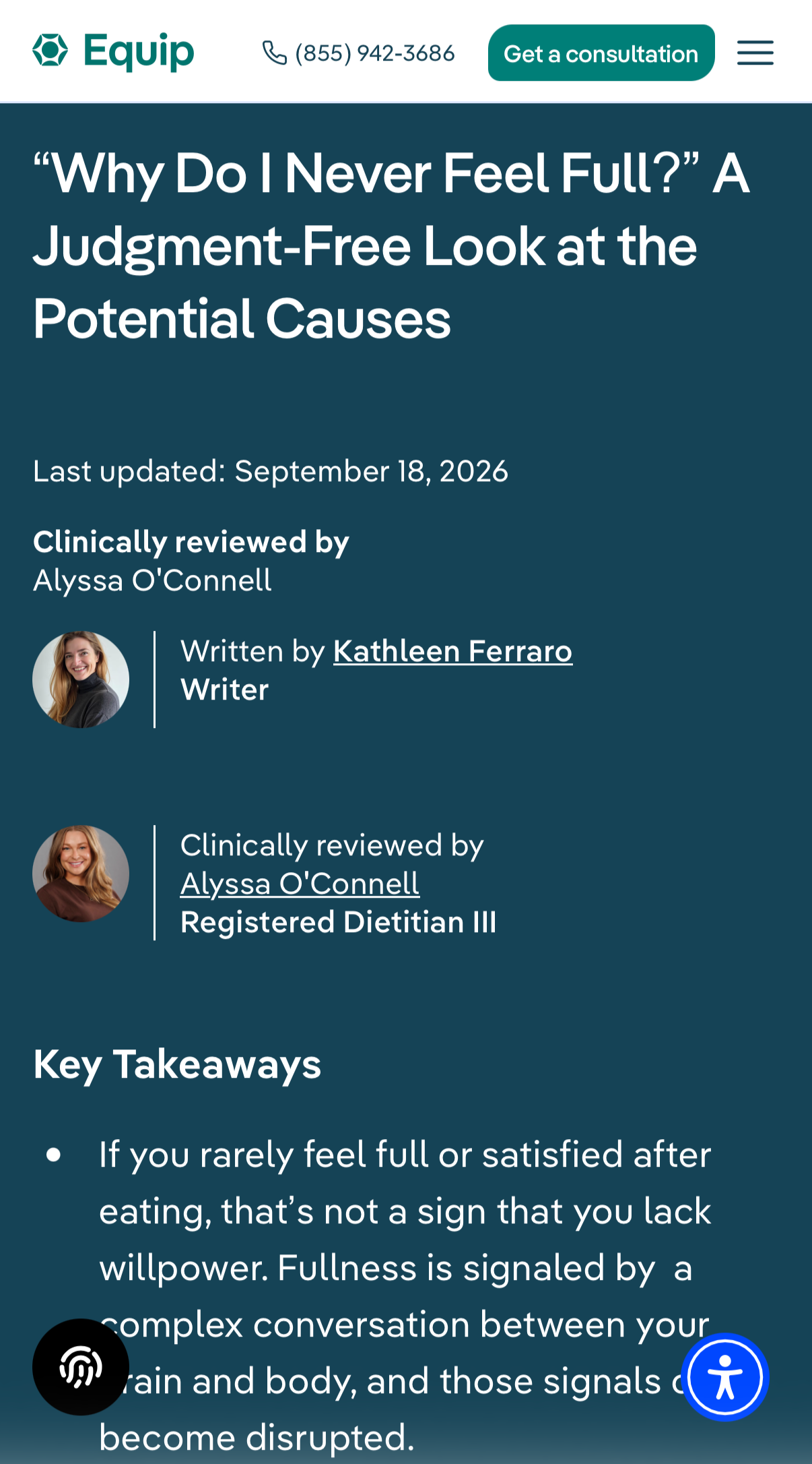 Screenshot of a webpage from Equip discussing reasons for feeling full or not feeling full after eating, last updated September 18, 2026, with profile photos of reviewers Alyssa O'Connell and Kathleen Ferraro.