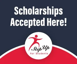 Graphic announcing scholarships accepted here with a logo for Step Up for Students, featuring a stylized person in red and black colors.