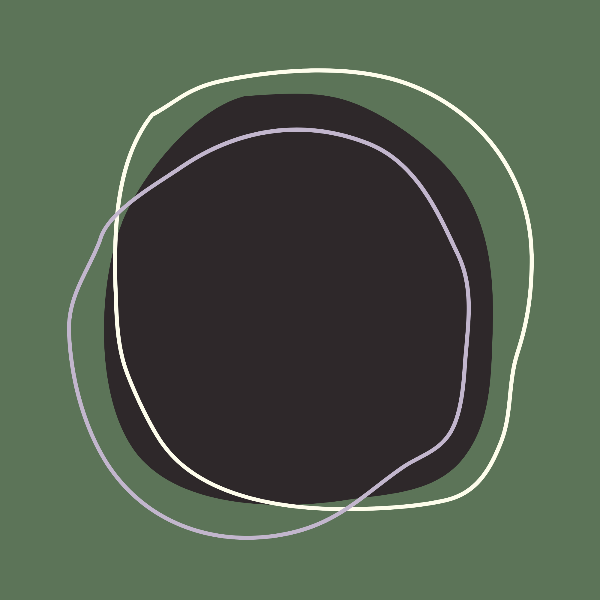Abstract digital art featuring a large dark purple irregularly shaped central form with layered outlines in white and light purple on an olive green background