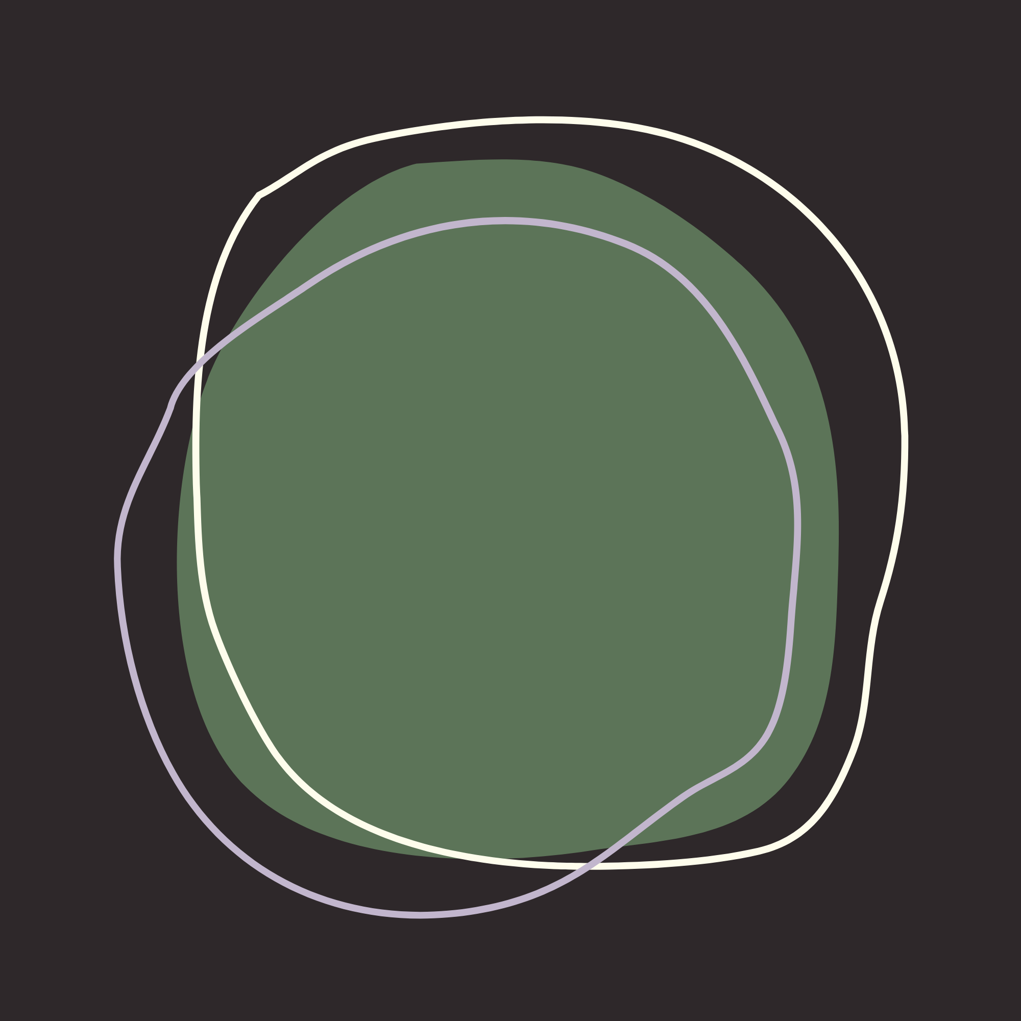 Abstract digital art with overlapping irregular shapes in green, white, purple, and dark background.