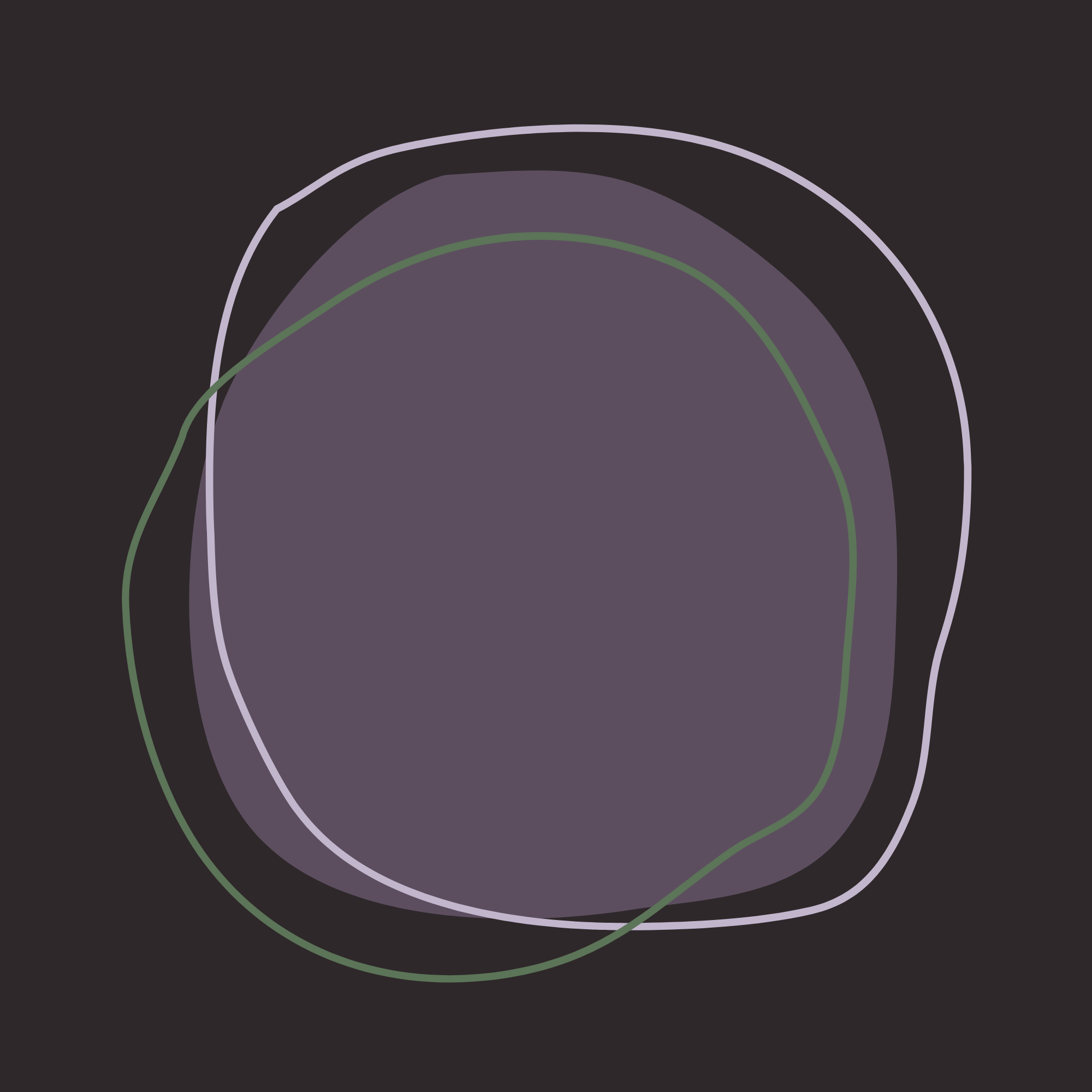 Abstract digital art with irregular concentric shapes in shades of purple, green, and white on a dark background.