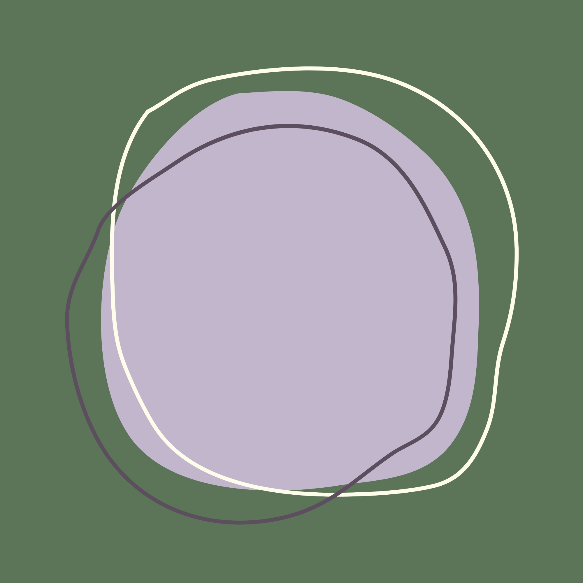 Abstract digital art featuring a large light purple irregularly shaped central form with layered outlines in dark purple and white on an olive green background.