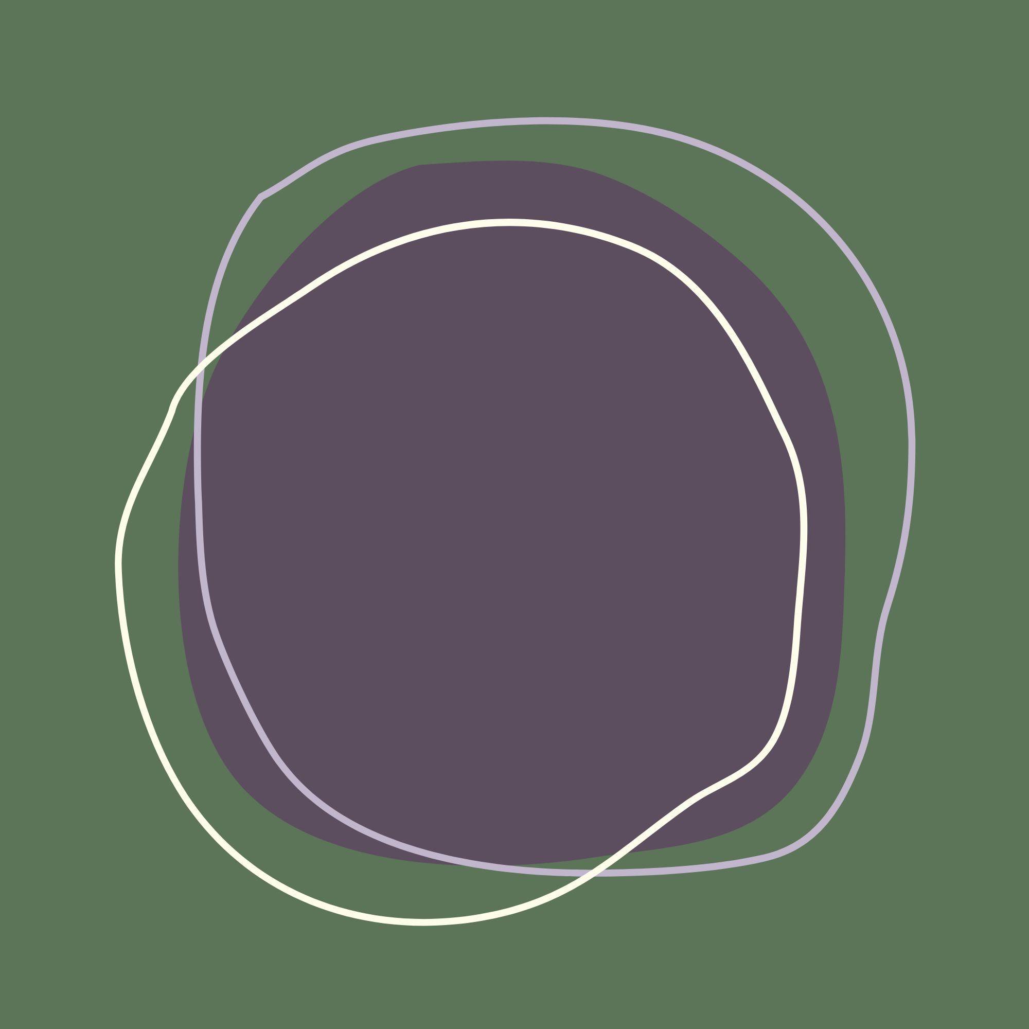 Abstract digital art featuring a large purple irregularly shaped central form with layered outlines in white and light purple on an olive green background.
