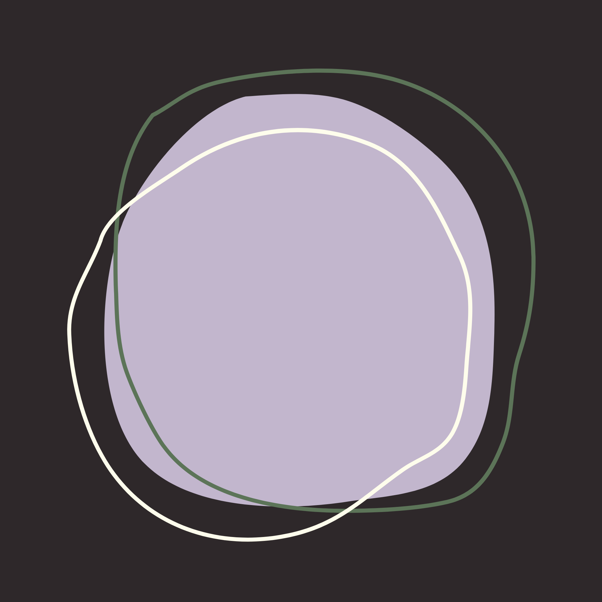 Abstract digital art with irregularly shaped concentric outlines in shades of green, white, and lavender on a dark background.