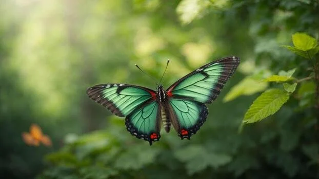 Emerald green butterfly with black edges and red spots resting on a green leafy background.