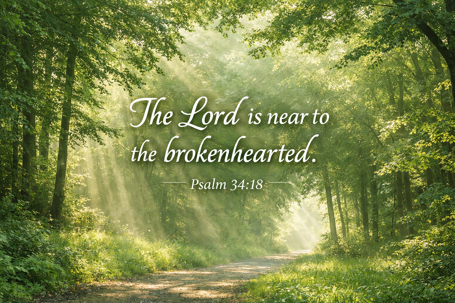 Sunlight filters through trees illuminating a forest path with a Psalm 34:18 quote about the Lord being near to the brokenhearted.