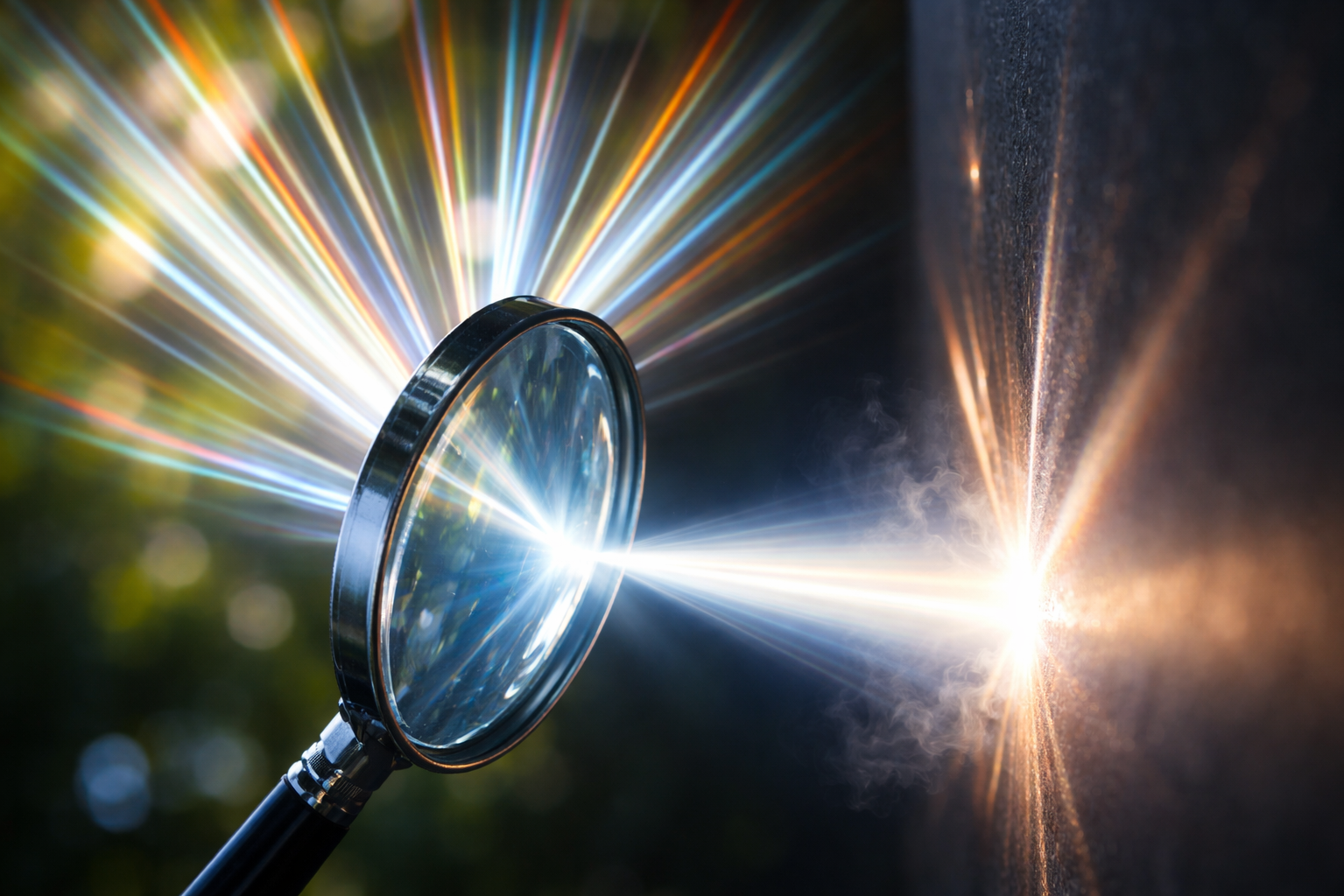 Close-up of a welding tool producing a bright, focused arc of light and sparks, with colorful streaks radiating outward.