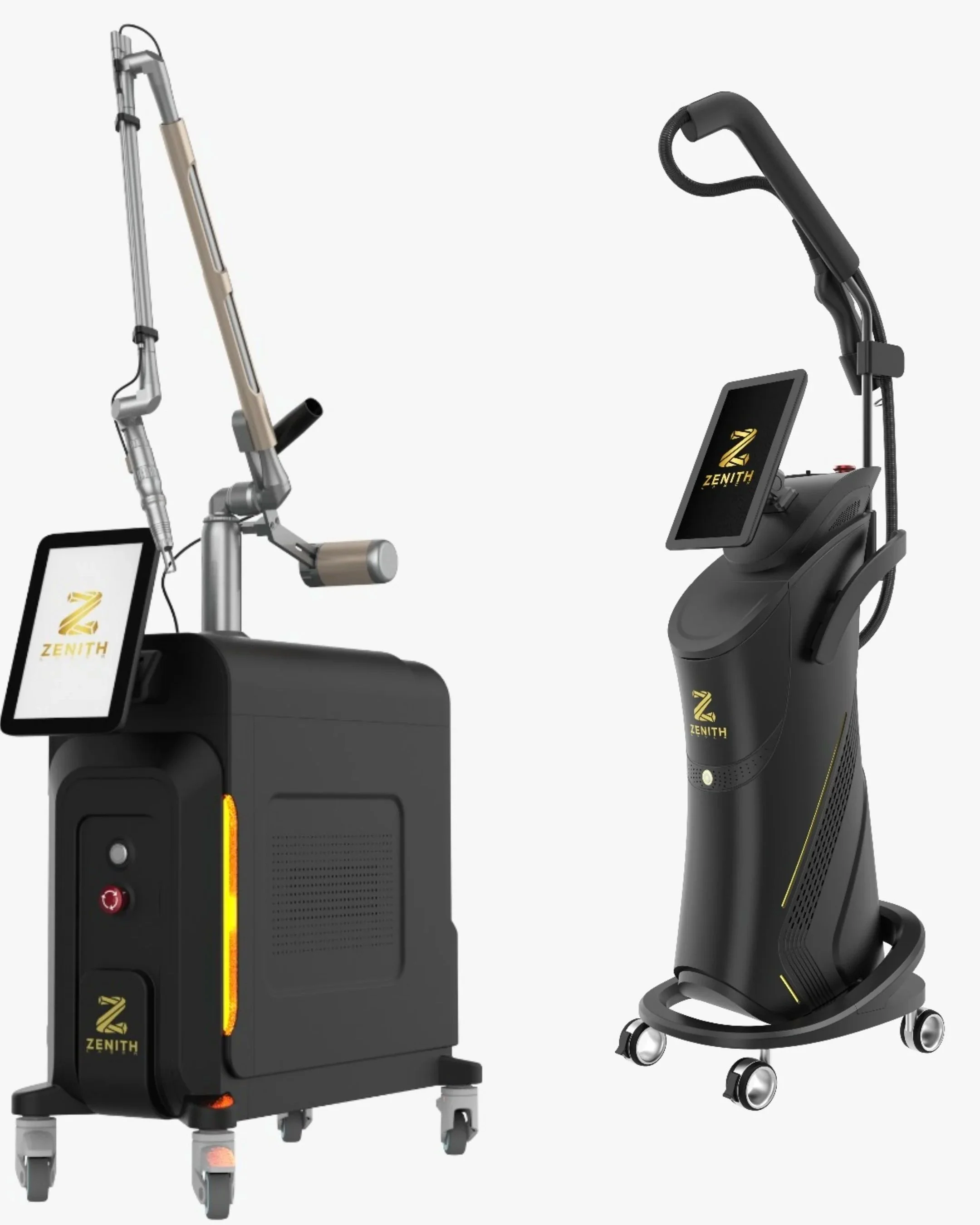 Two advanced medical or aesthetic devices branded Zenith, with screens and various attachments, on casters for mobility.