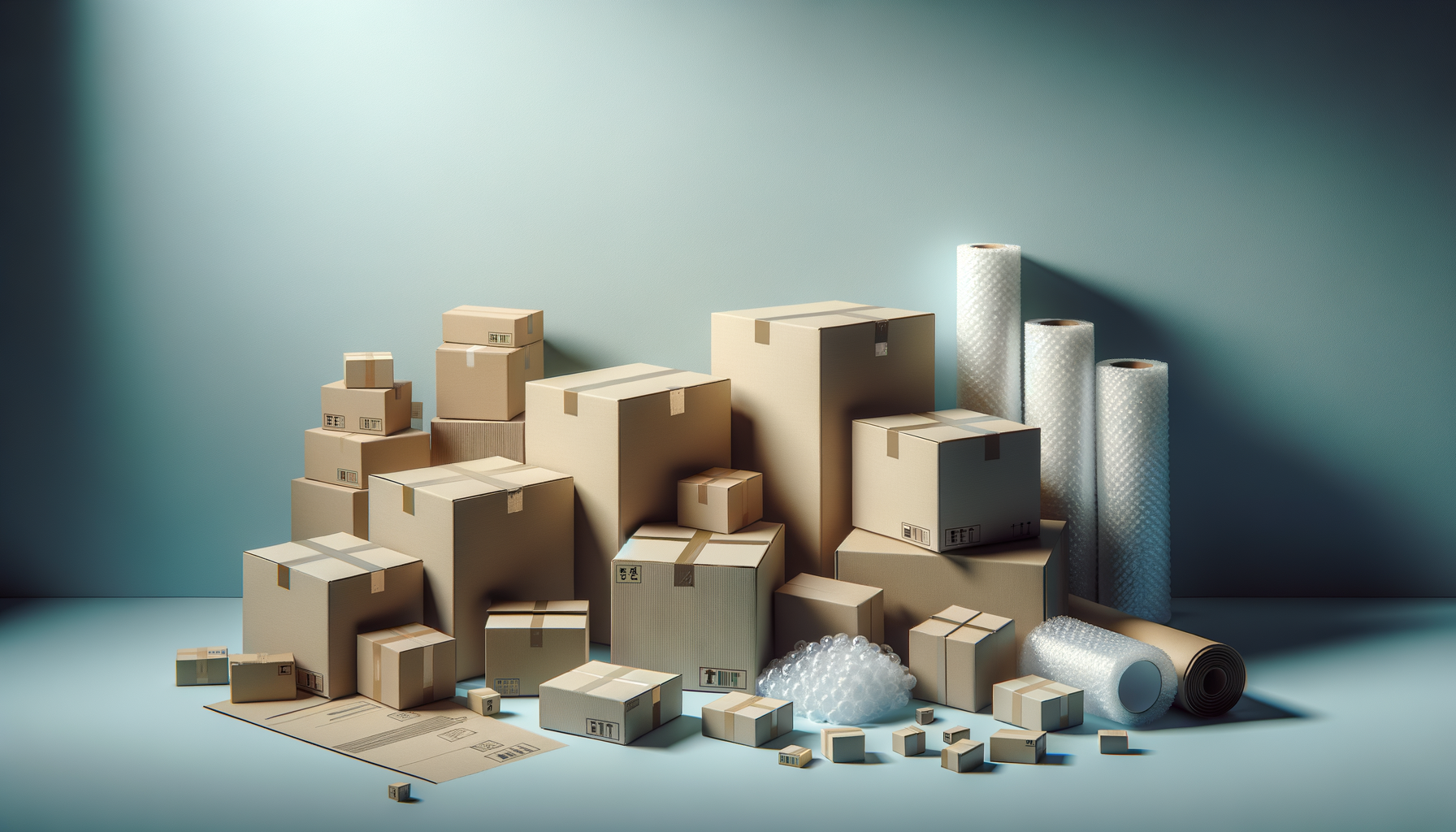 Stacked cardboard boxes and packing materials on a light blue surface against a blue wall.